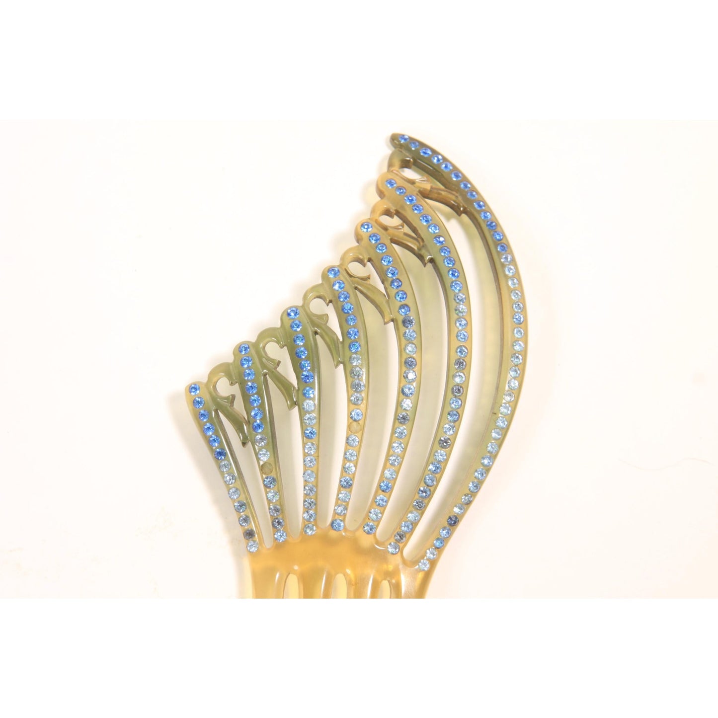 1930s Tan, Gray and Blue Rhinestone Fan Art Deco Hair Comb