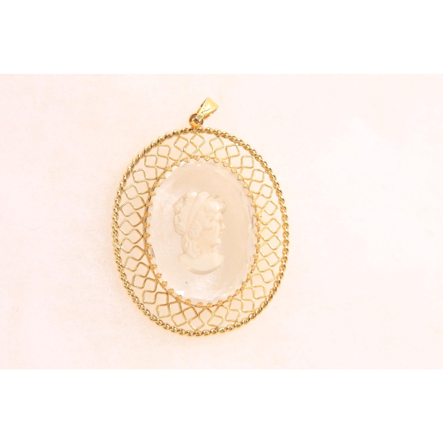 1950s 1960s Gold Tone Metal and Clear Glass Etched Cameo Necklace Pendant
