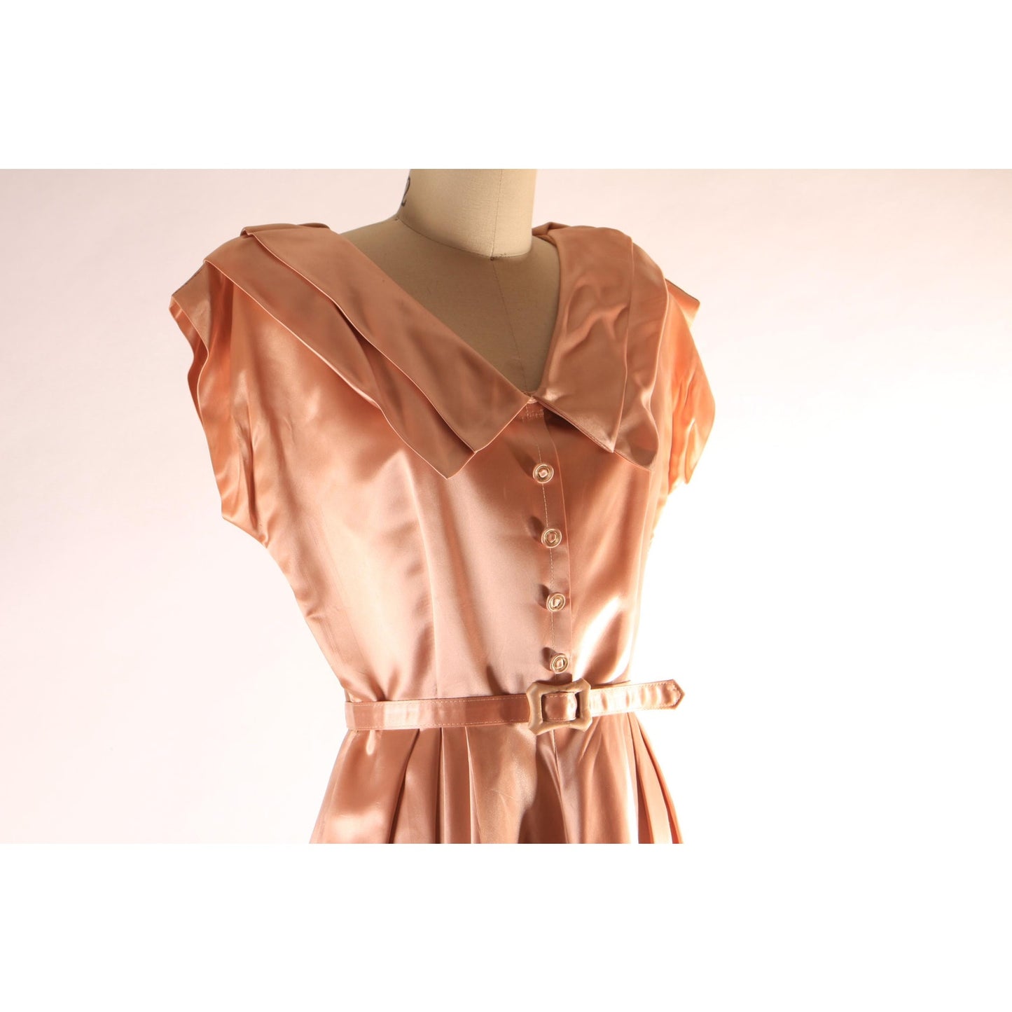 1940s Light Pink Nude Tone Satin Short Sleeve Belted Fit and Flare Dress -S