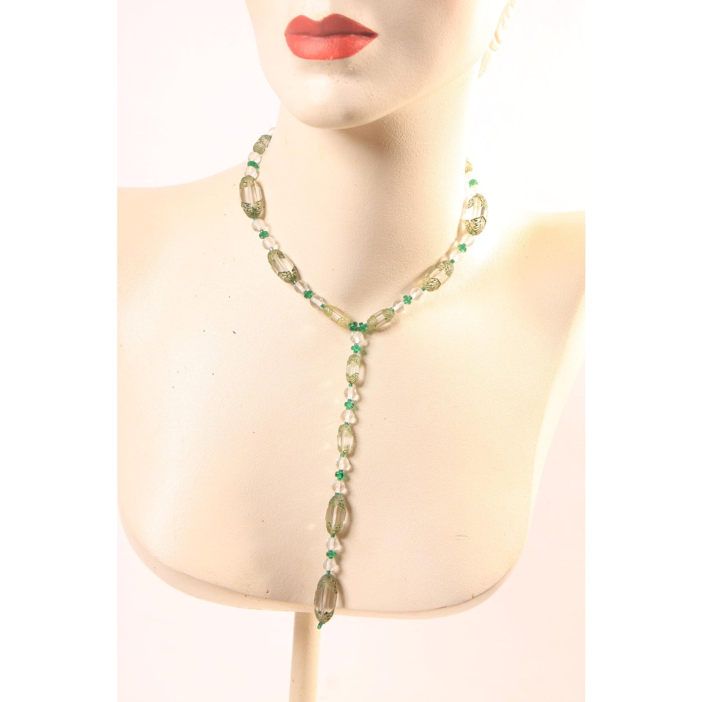 1930s Clear Glass and Green Floral Etched Art Deco Drop Chain Necklace