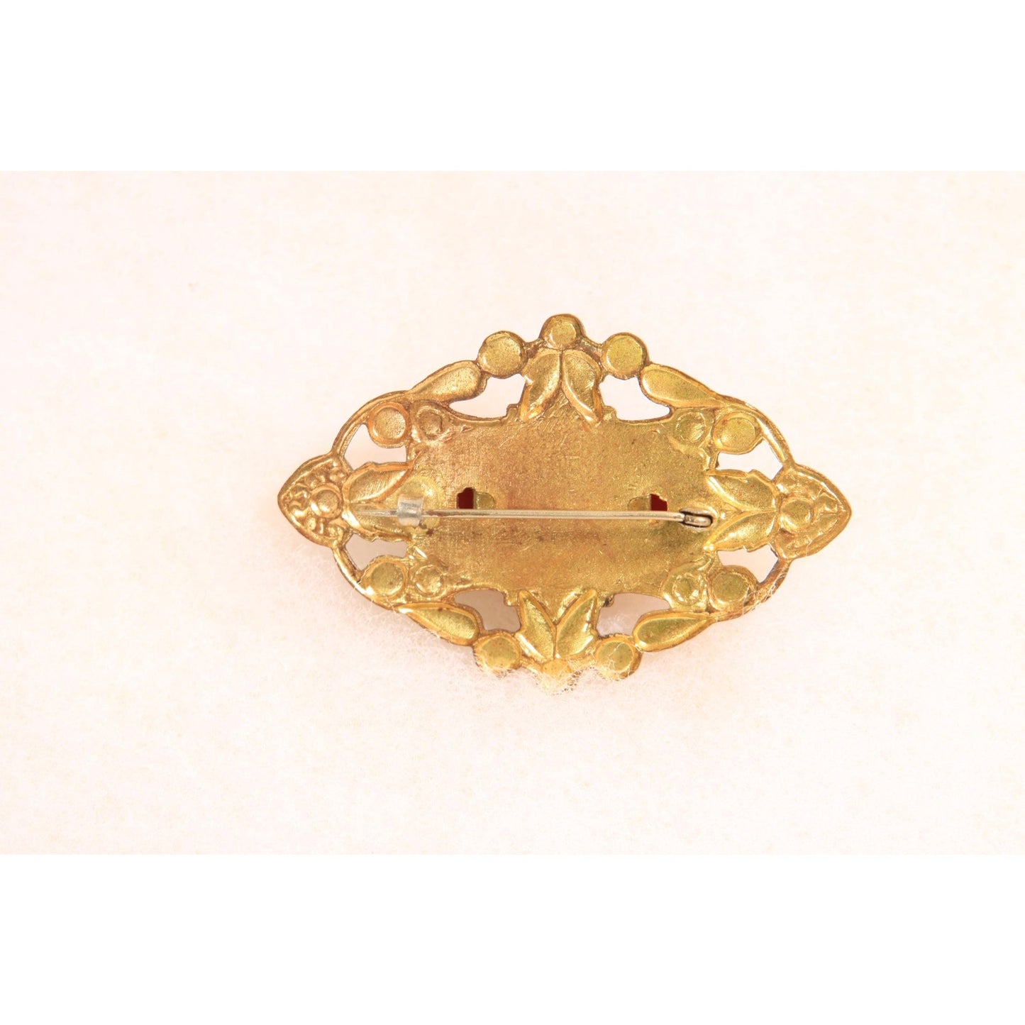 Antique 1900s 1910s Edwardian Gold Brass Tone Metal and Orange Red Brooch