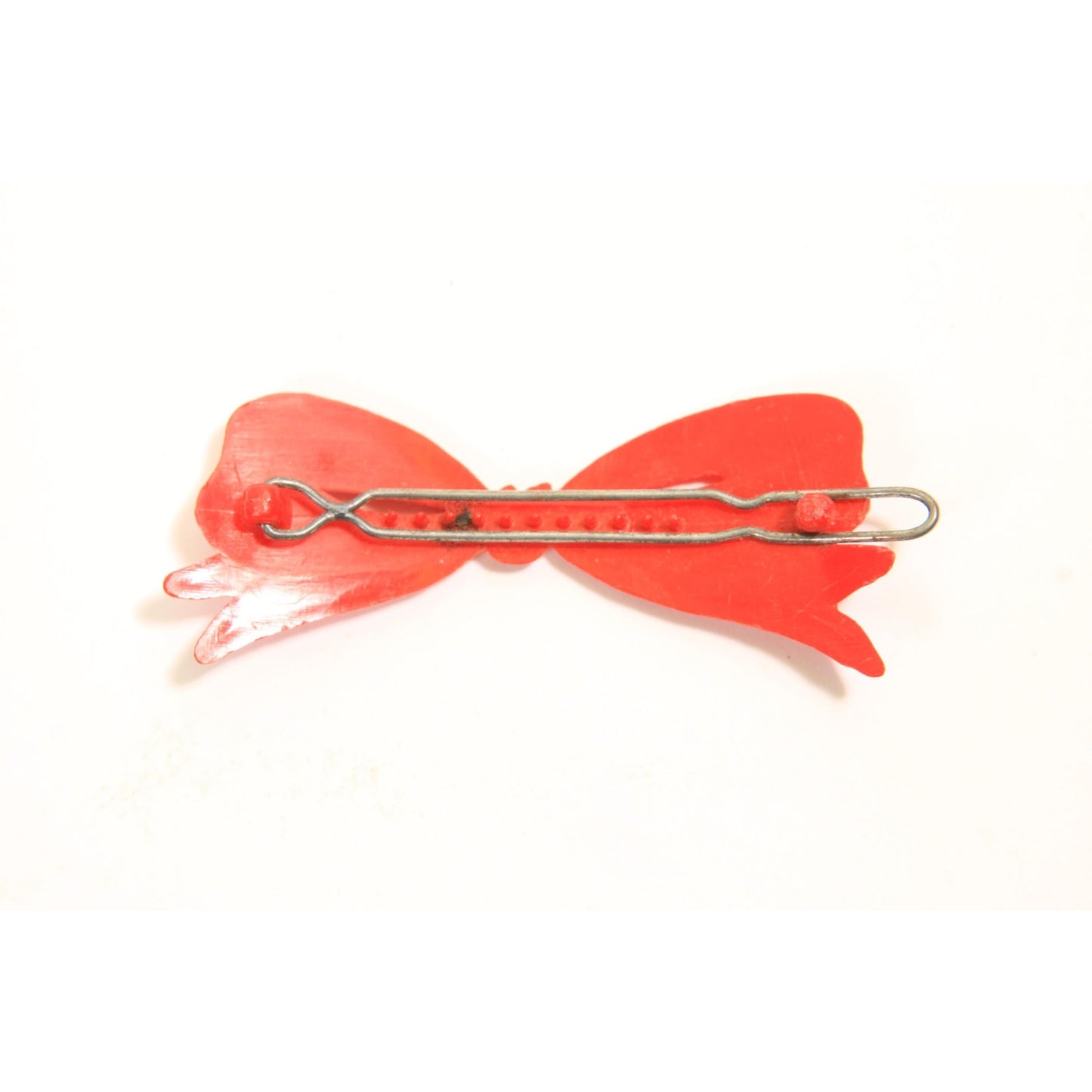 1940s 1950s Novelty Red Plastic Bow and Pink Leaf Hair Barrette Clip