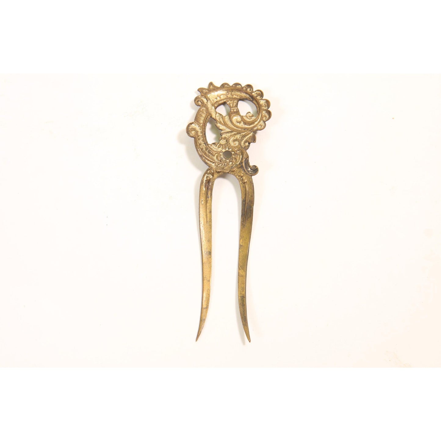 1910s 1920s Swirl Brass Tone Metal Prong Hair Fork Comb