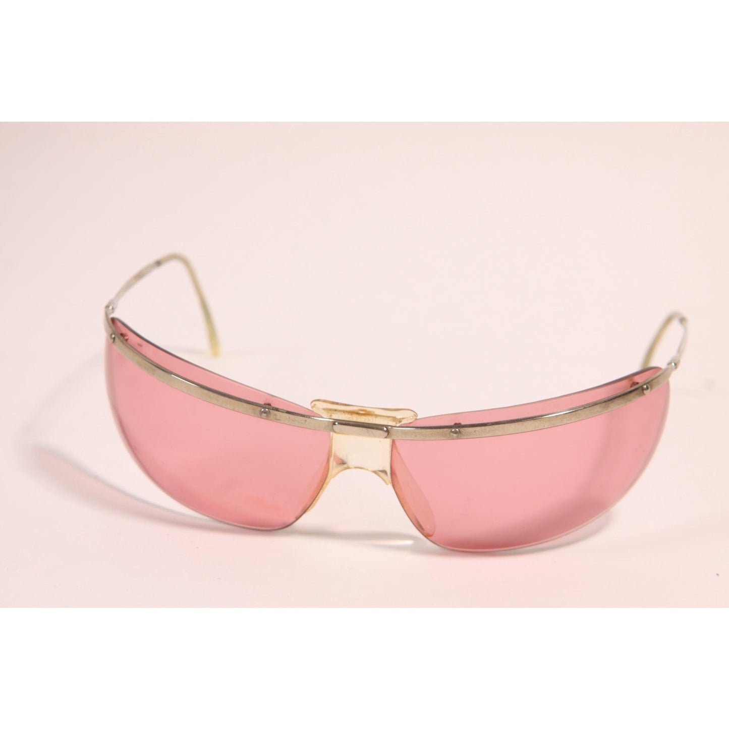 1960s Clear Pink and Silver Tone Metal Curved Frame Floating Lens Elvis Wrap Around Sunglasses by Renauld of France with Original Case