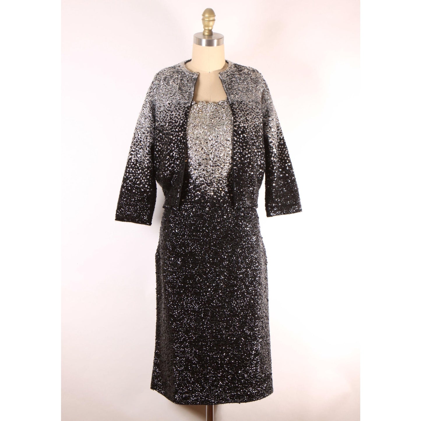 1950s Black and Silver Ombre Fade Metallic Sequin Bombshell Wiggle Dress with Matching Cropped Bolero Jacket by Gene Shelly -M