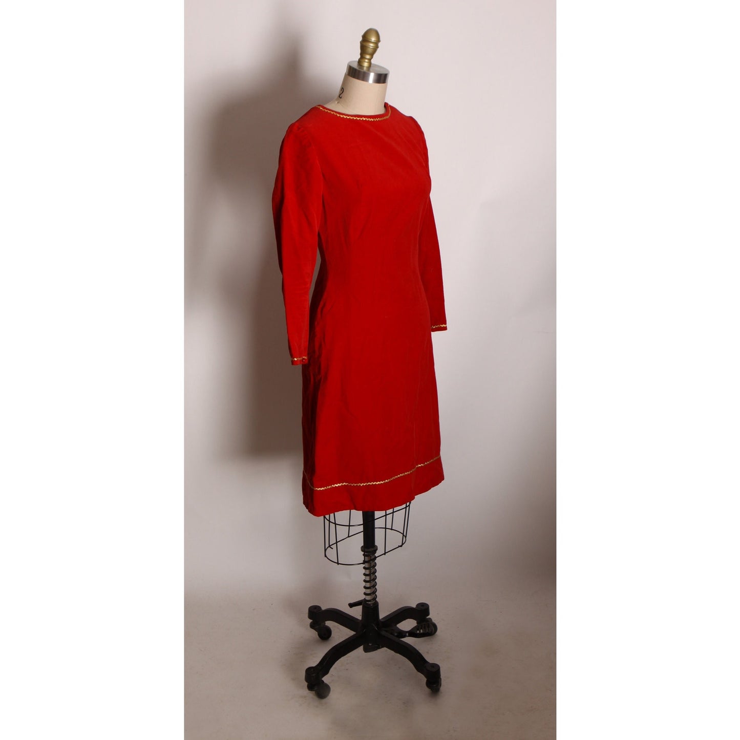 1960s Red Velvet 3/4 Length Sleeve Gold Trim Flared Christmas Dress -XS