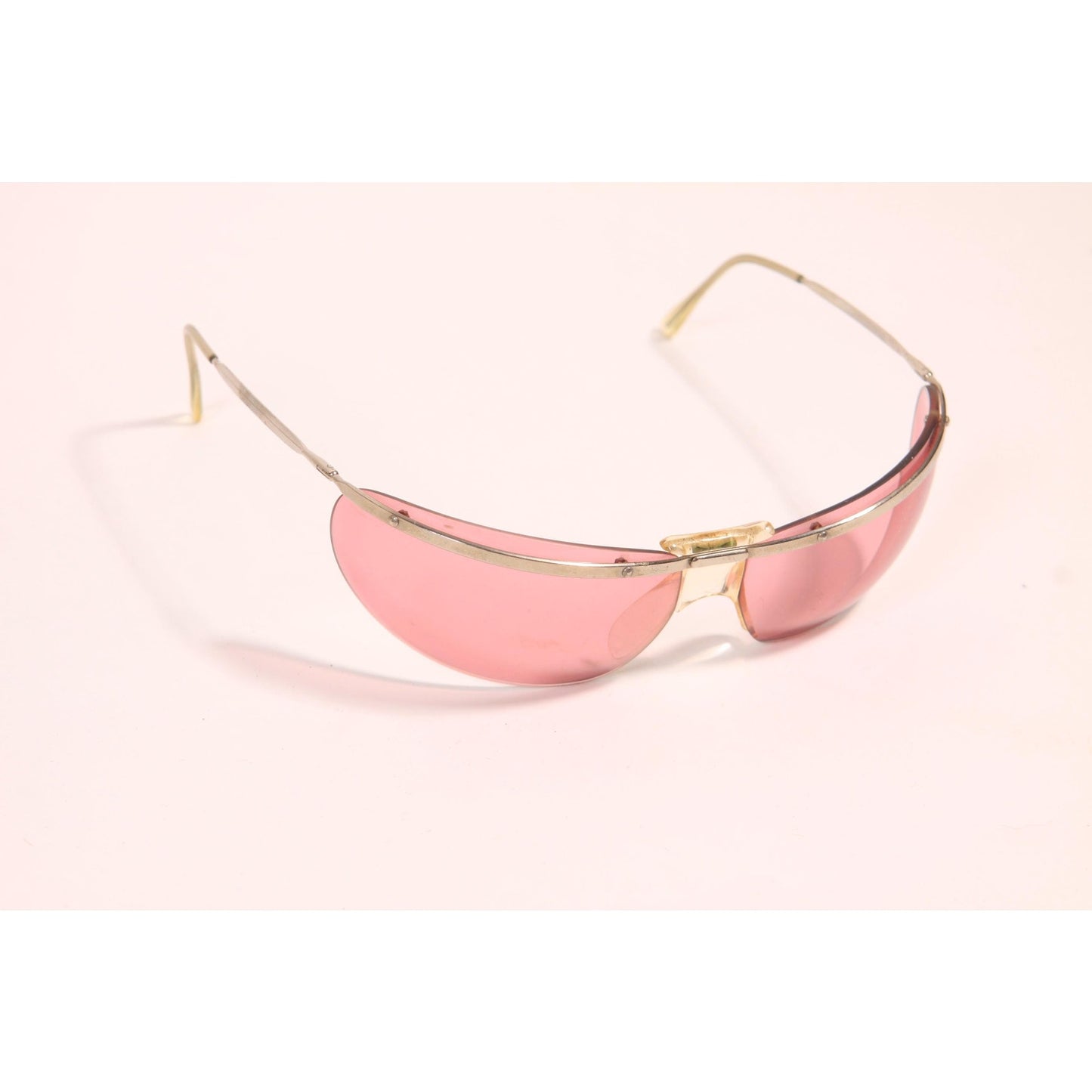 1960s Clear Pink and Silver Tone Metal Curved Frame Floating Lens Elvis Wrap Around Sunglasses by Renauld of France with Original Case