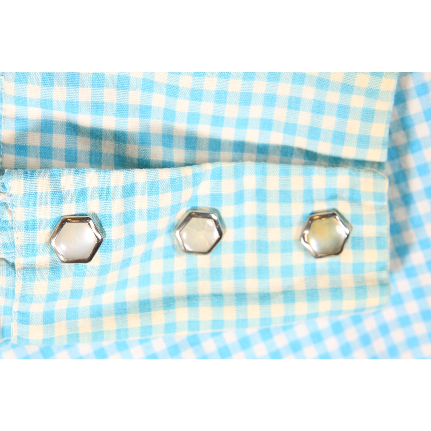 1970s Blue and White Needlepoint Pearl Snap Mens Long Sleeve Shirt -S