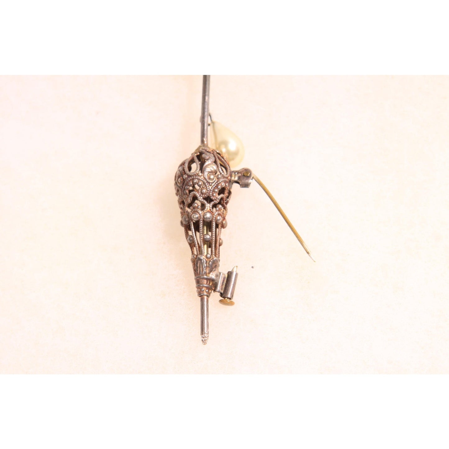 Antique 1920s Novelty Silver Tone Metal Faux Pearl Umbrella Parasol Brooch