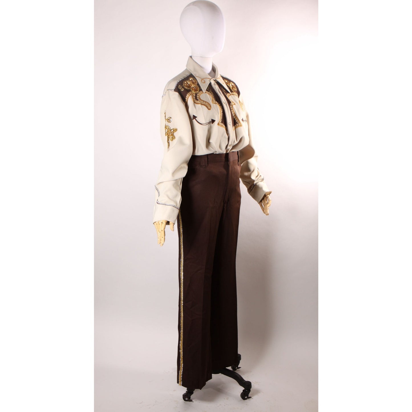 Late 1960s Early 1970s Brown and Tan Gold Metallic Rhinestone and Sequin Roses Western Pearl Snap Top with Matching Pants by H Bar C