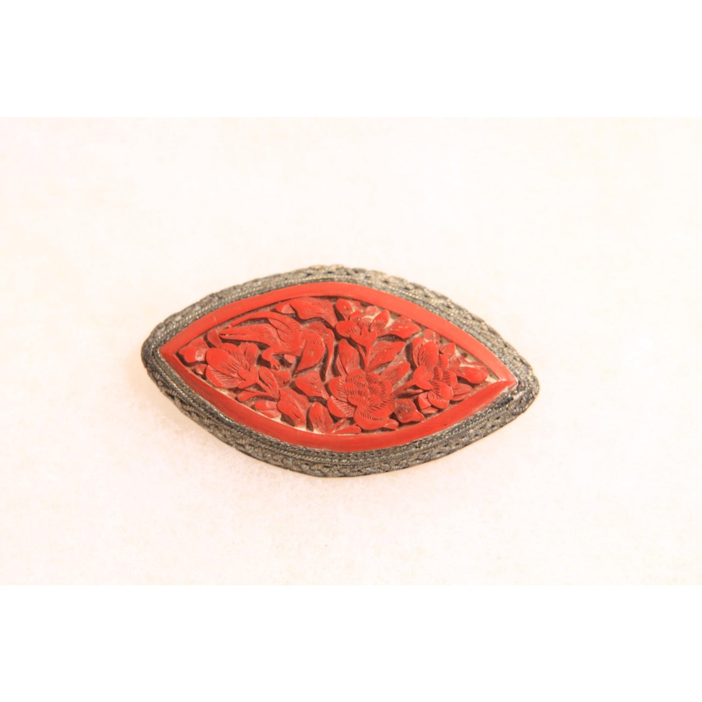 1930s Silver Tone Metal and Red Cinnabar Flower Brooch