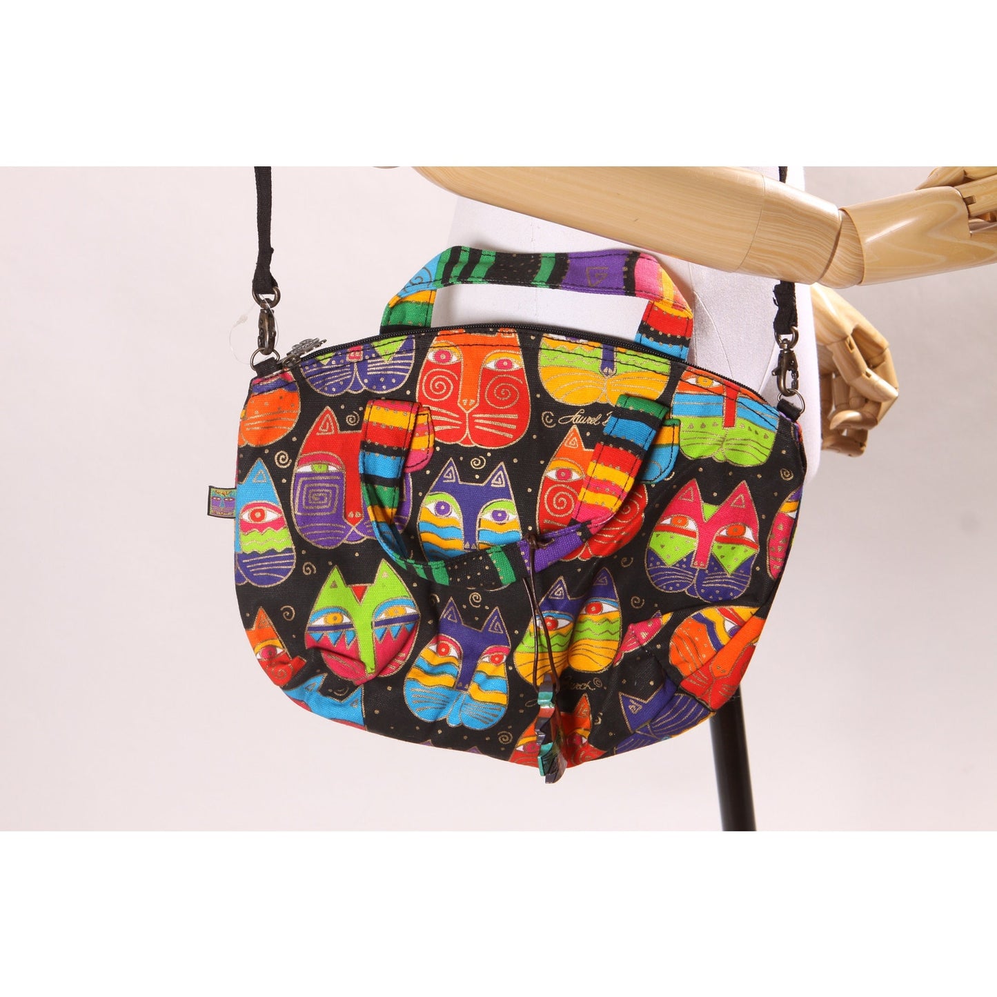 Deadstock 1980s Novelty Rainbow Multi-Colored Cat Print Top Handle Crossbody Shoulder Strap Purse by Laurel Burch