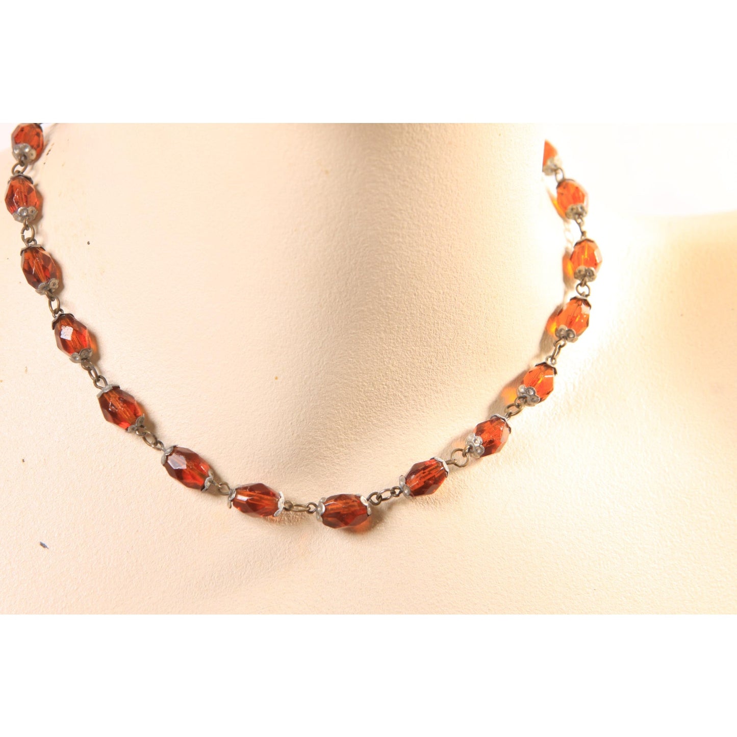 1940s 1950s Brass Tone Amber Glass Beaded Faceted Necklace