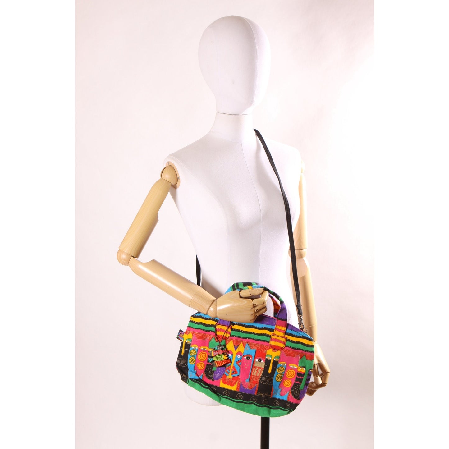 Deadstock 1980s Novelty Rainbow Multi-Colored Cat Print Top Handle Crossbody Shoulder Strap Purse by Laurel Burch