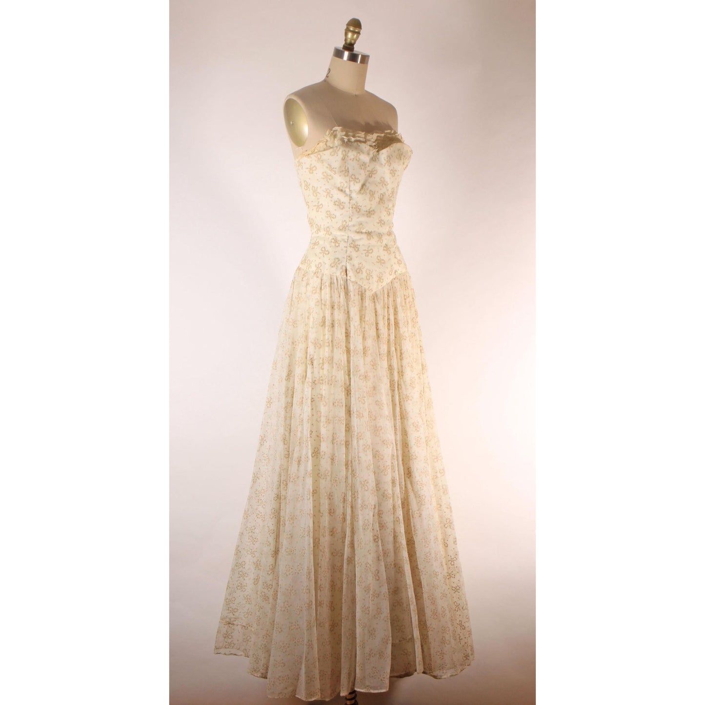 1940s Cream Off White Pink and Green Floral Bow Flocked Velvet Strapless Floor Length Formal Dress