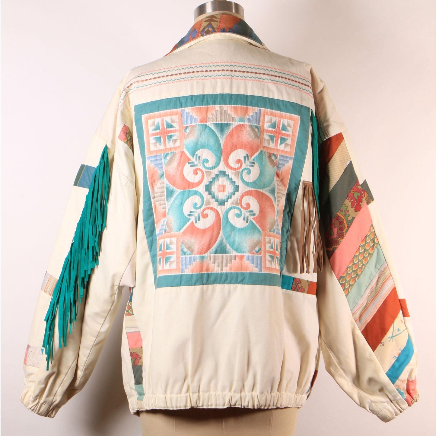 1980s Multi-Colored Cream, Teal Blue Green, Pink and Tan Patchwork Quilt Fringe Open Front Southwestern Coat -L-XL
