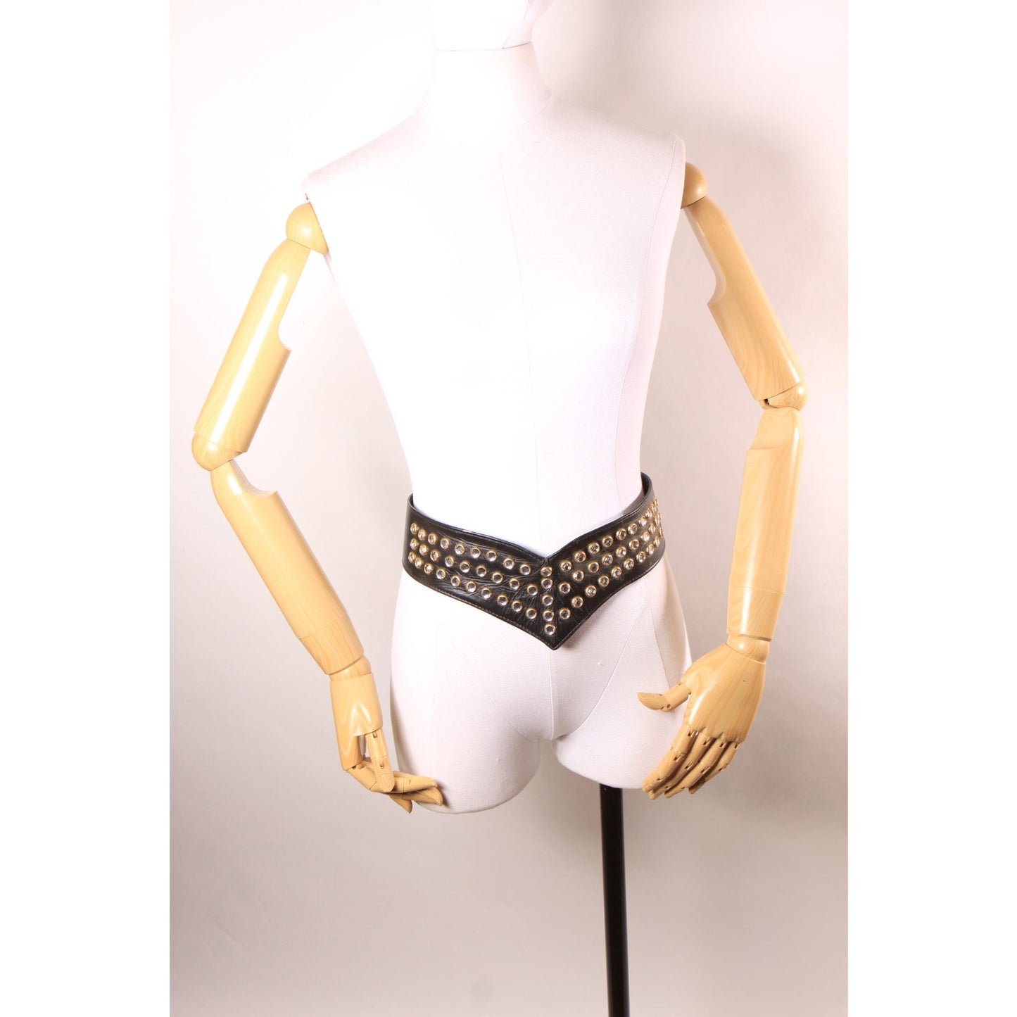 1980s Black Leather Gold Metal Rhinestone Bedazzled Shoulder Bag Purse with Matching Rhinestone Leather V Shaped Belt by Isabel