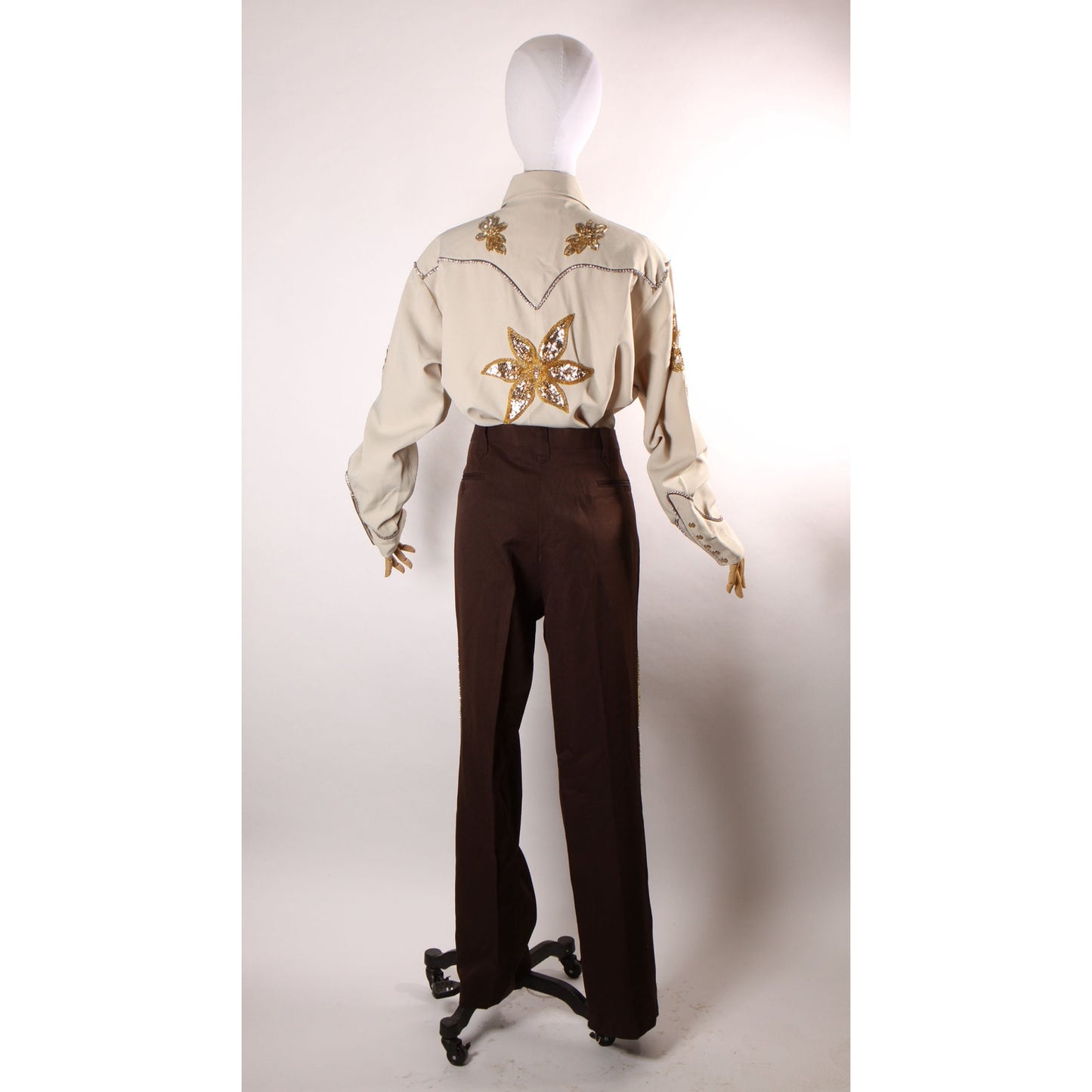 Late 1960s Early 1970s Brown and Tan Gold Metallic Rhinestone and Sequin Roses Western Pearl Snap Top with Matching Pants by H Bar C