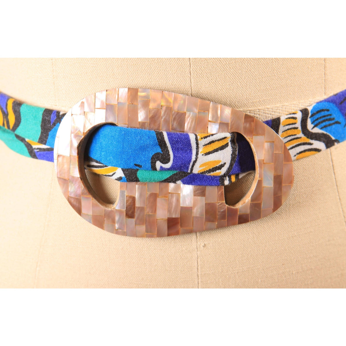 1980s Multi-Colored Fabric and Mother of Pearl Slider Belt