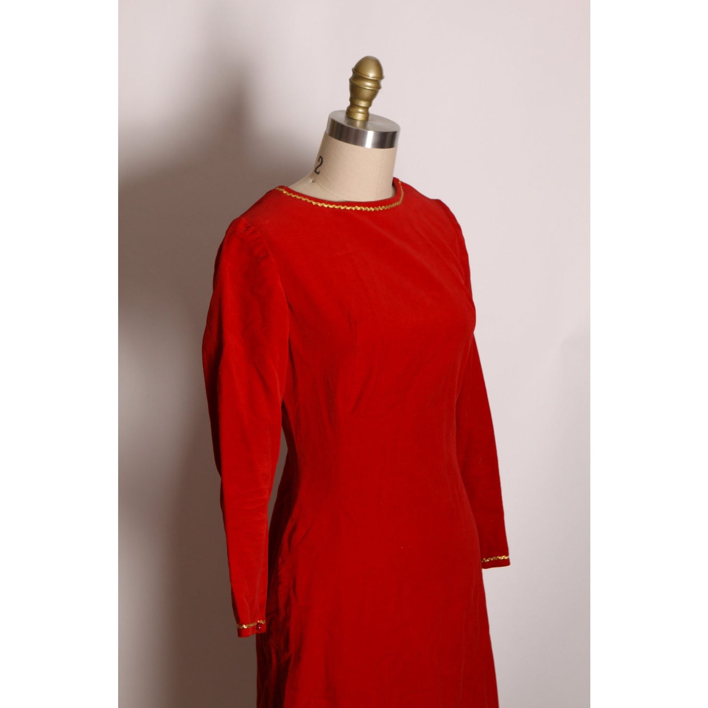 1960s Red Velvet 3/4 Length Sleeve Gold Trim Flared Christmas Dress -XS