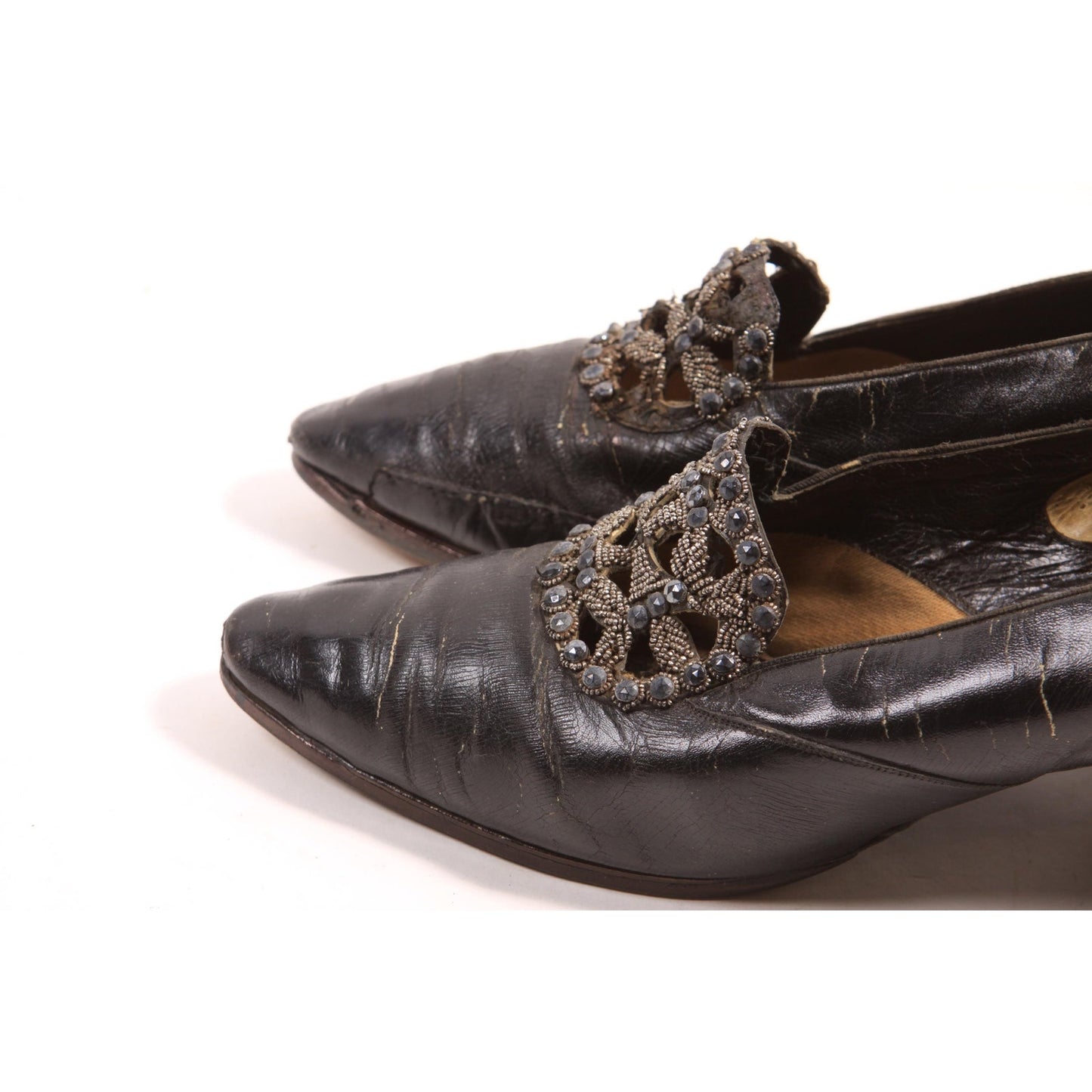 Antique 1920s Flapper Beaded Black Pointed Toe High Heel Pump Shoes