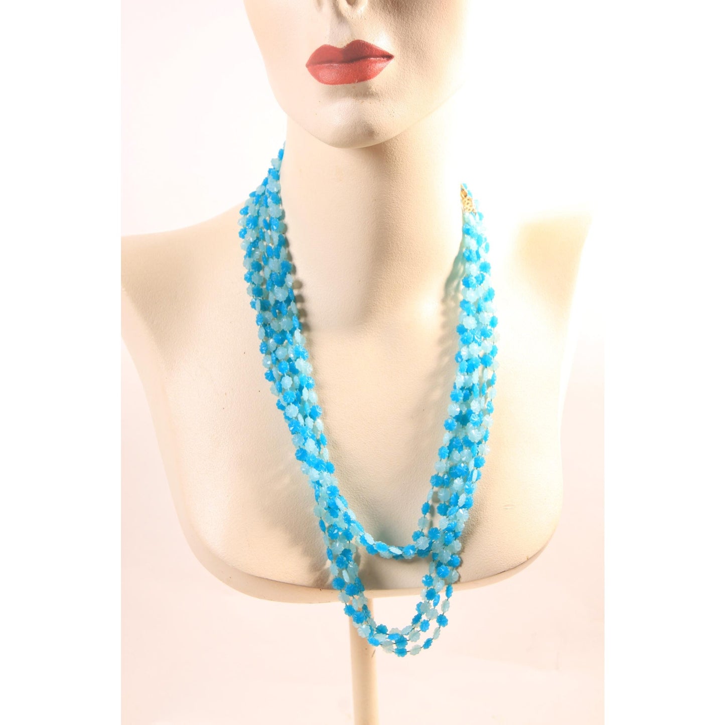 1960s Turquoise Blue Flower Floral Shaped Beaded Multi-Strand Necklace