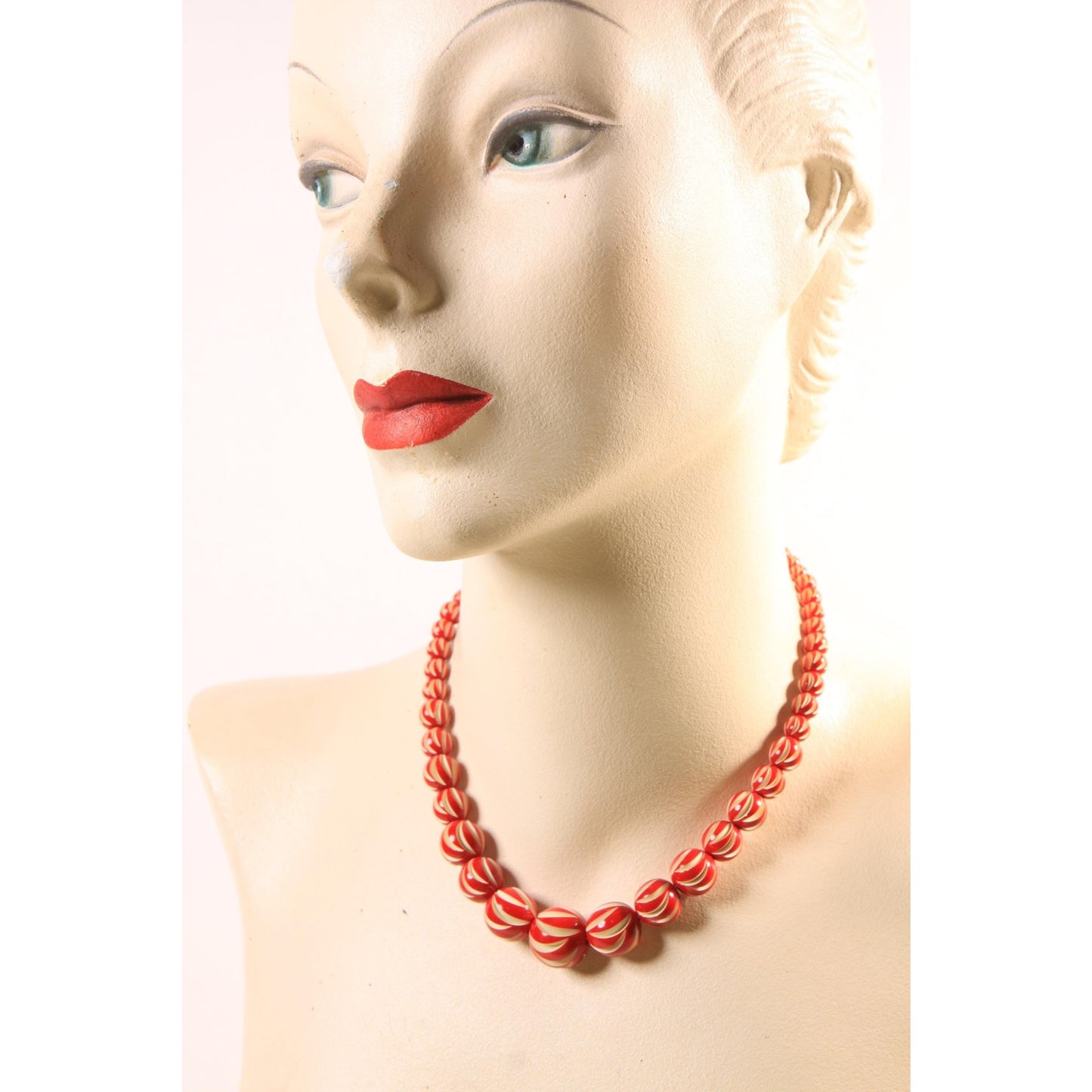 1920s Red and Cream Off White Carved French Galalith Beaded Necklace