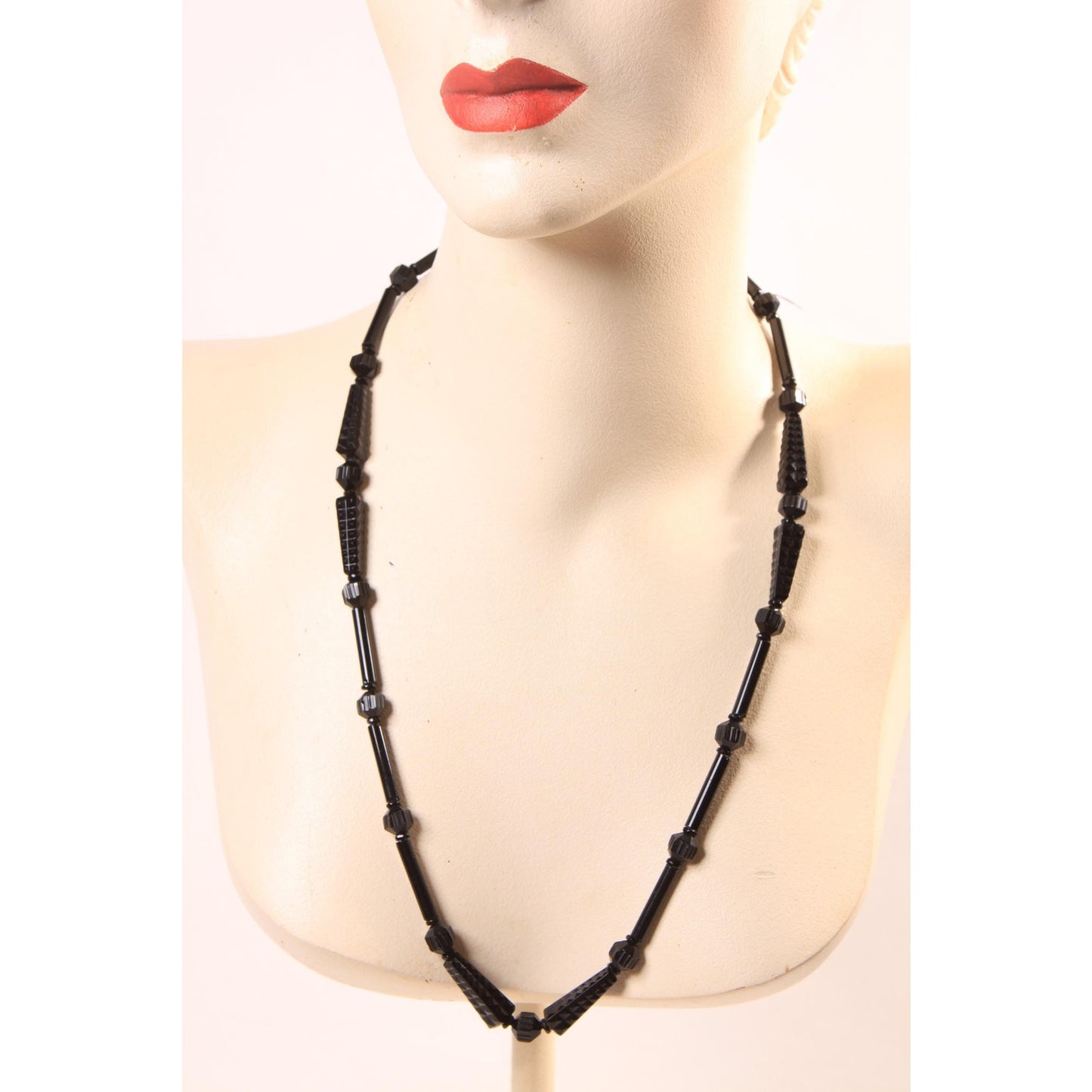 1920s 1930s Black Glass Carved Art Deco Faceted Beaded Necklaces