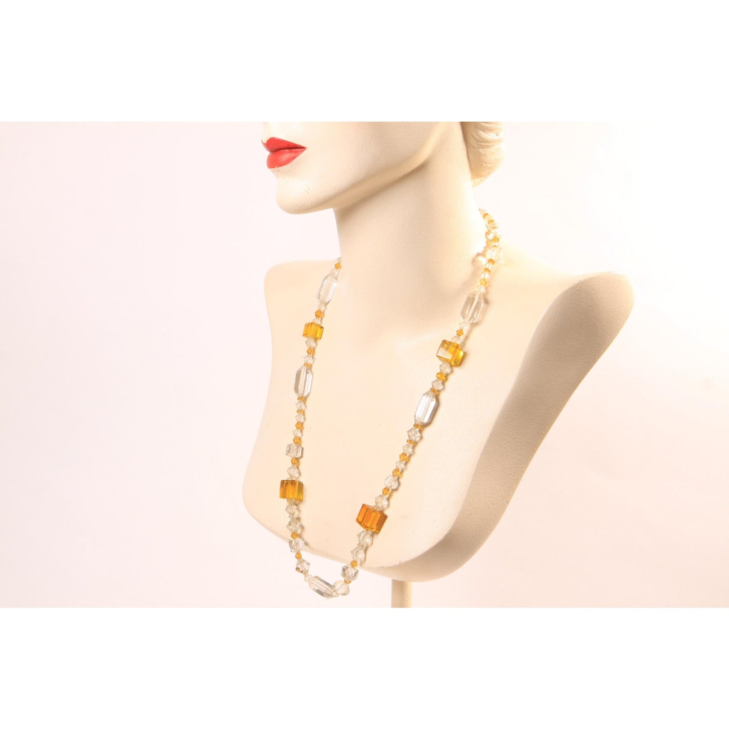Vintage Clear Glass and Yellow Square and Faceted Beaded Necklace by Made in Czechoslovakia