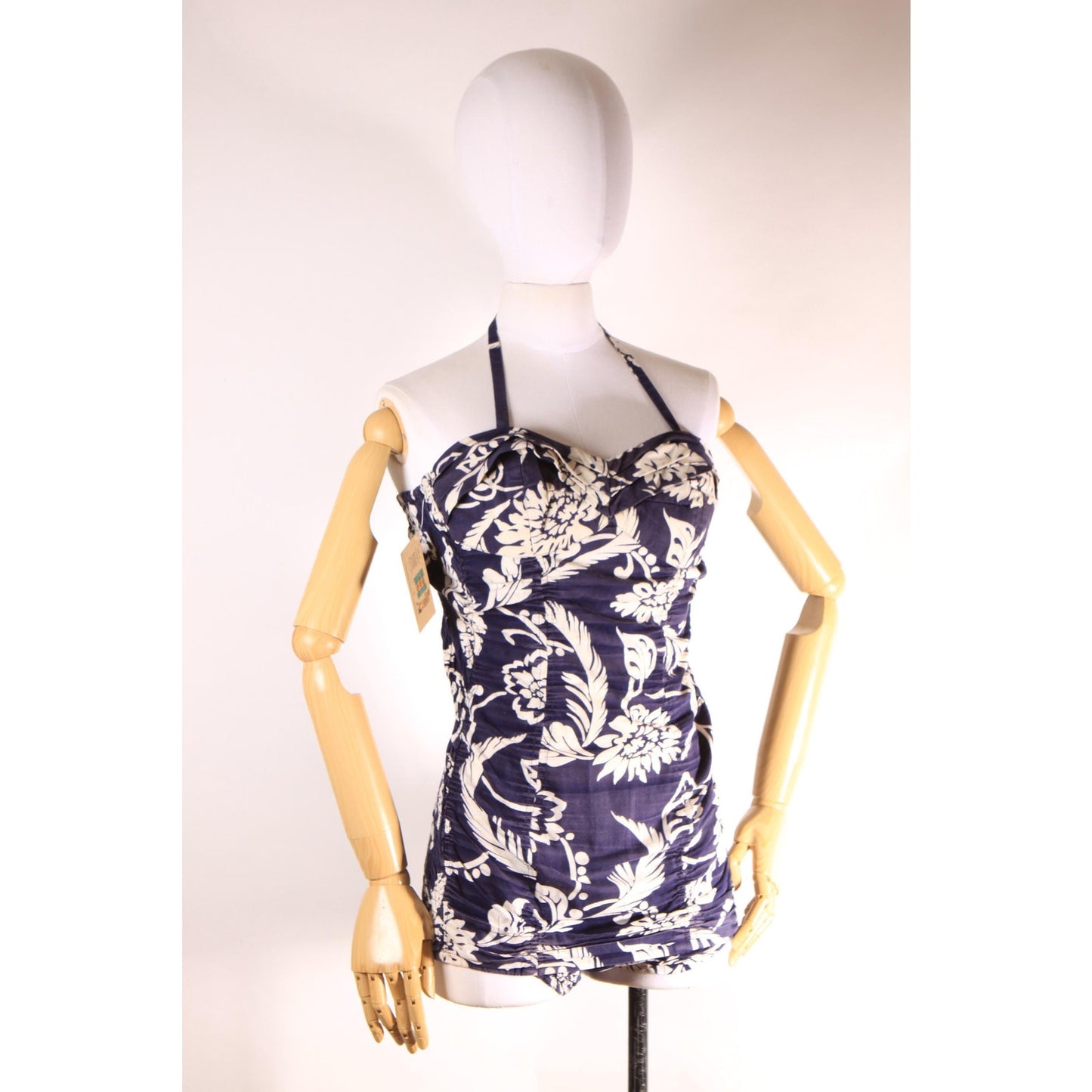 1950s Dark Blue and White Floral Hawaiian Ruched One Piece Swimsuit by Made in Hawaii -S
