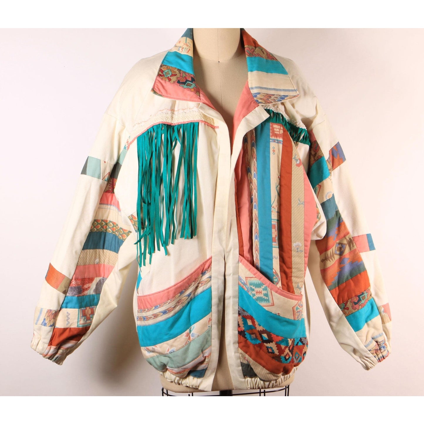 1980s Multi-Colored Cream, Teal Blue Green, Pink and Tan Patchwork Quilt Fringe Open Front Southwestern Coat -L-XL