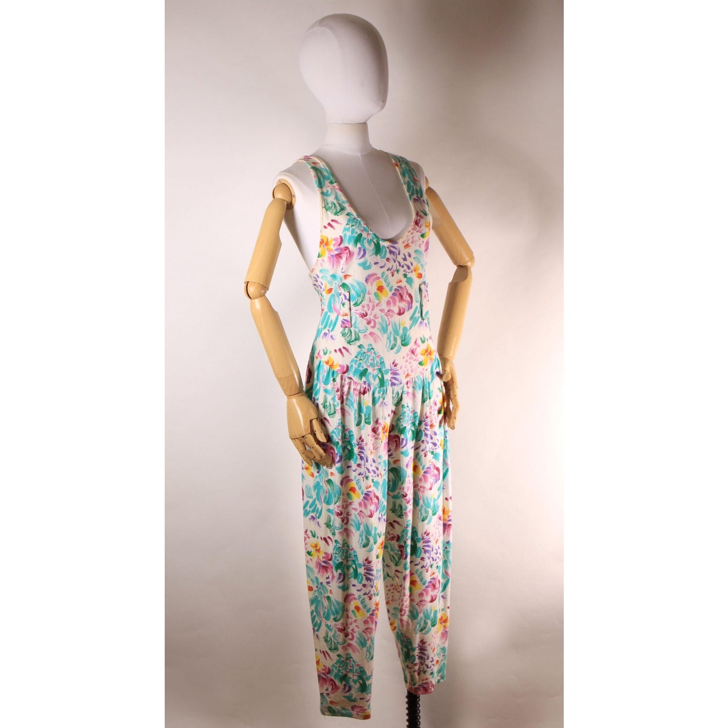 1980s White and Multi-Colored Floral Wide Strap Drop Waist One Piece Jumpsuit -L-XL