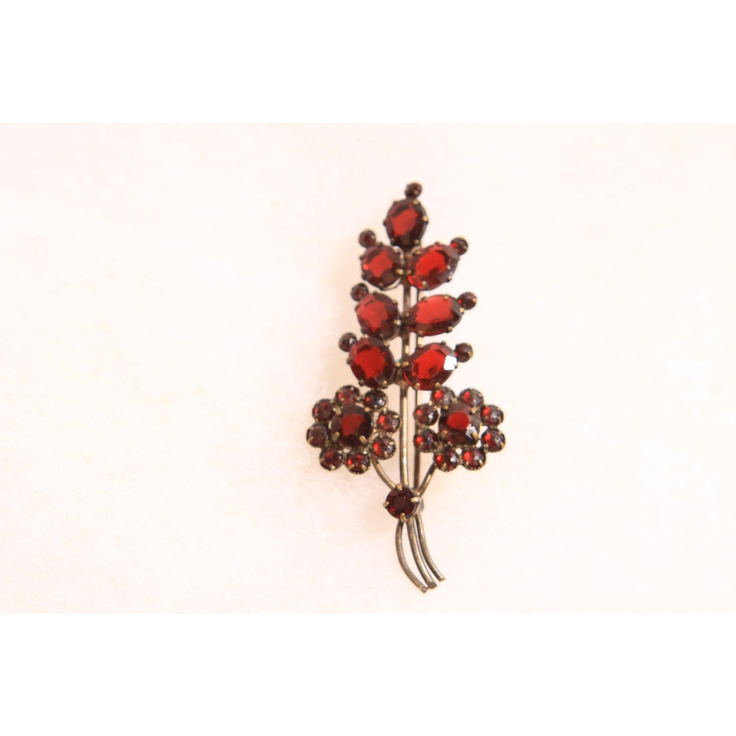 1930s Faux Garnet Red Glass Novelty Floral Leaf Bouquet Czech Slovakia Brooch