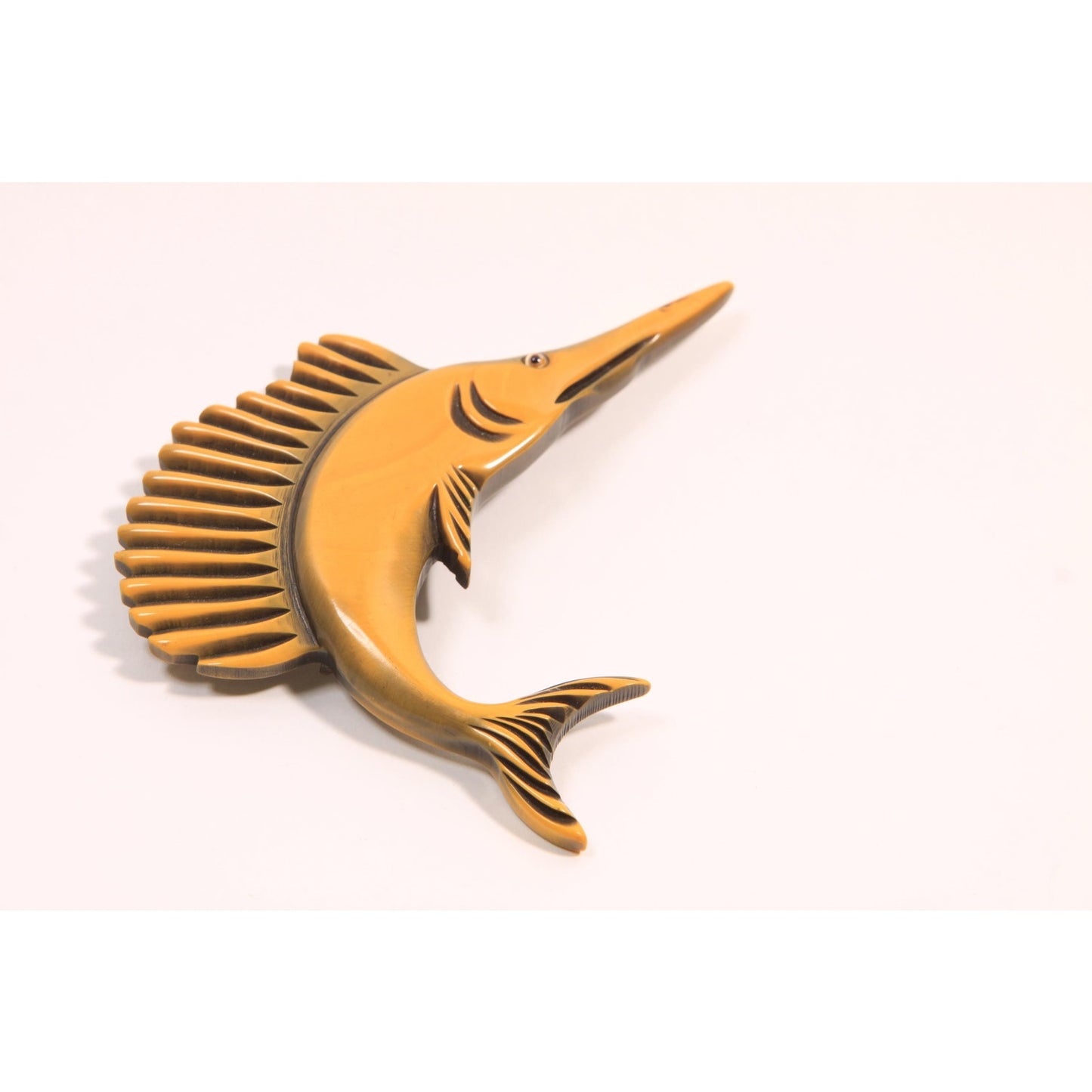 1940s 1950s Novelty Yellow Carved Bakelite Marlin Sailfish Swordfish Brooch