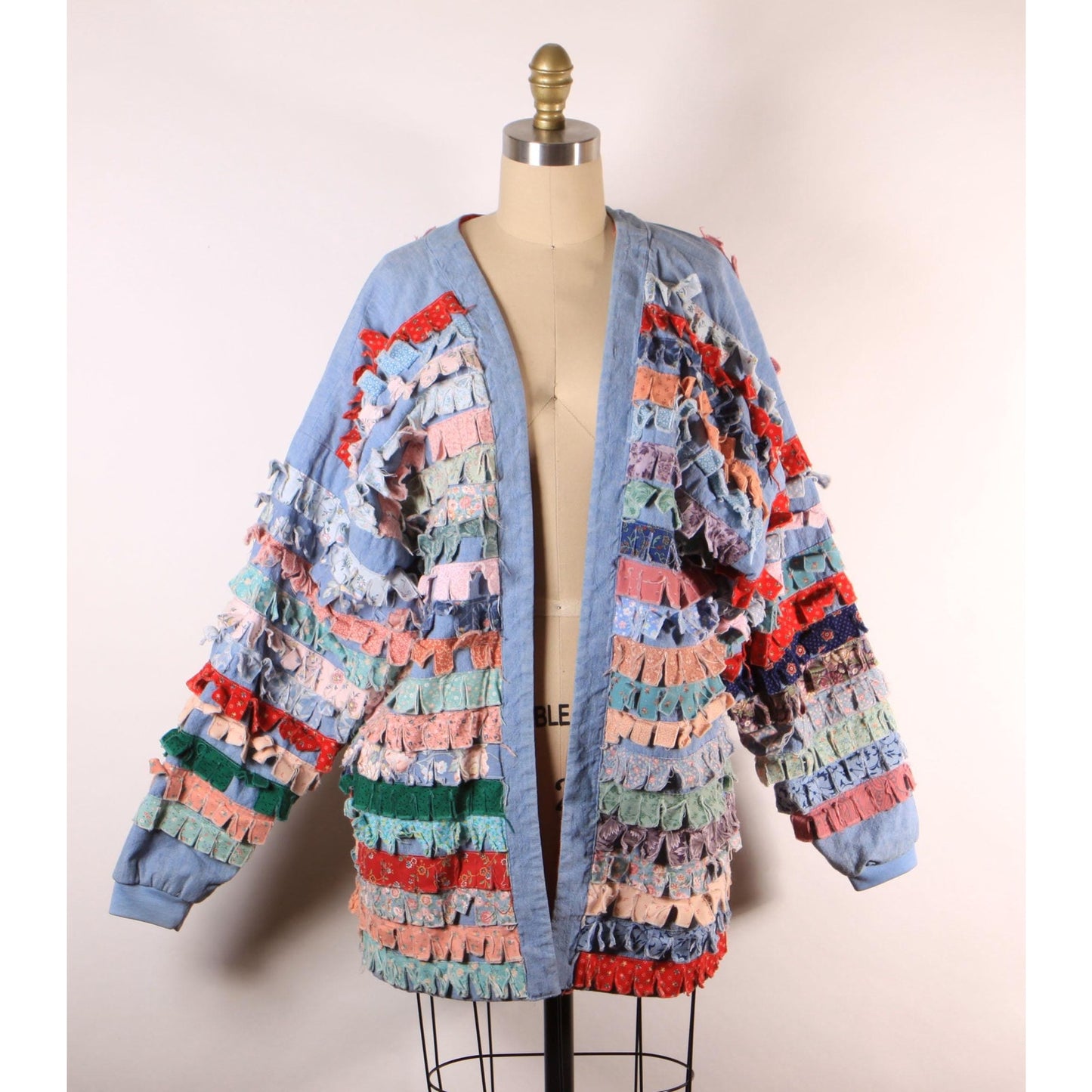 1980s Blue Chambray Multi-Colored Patchwork Quilt Fringe Long Sleeve Open Front Jacket -M-XL