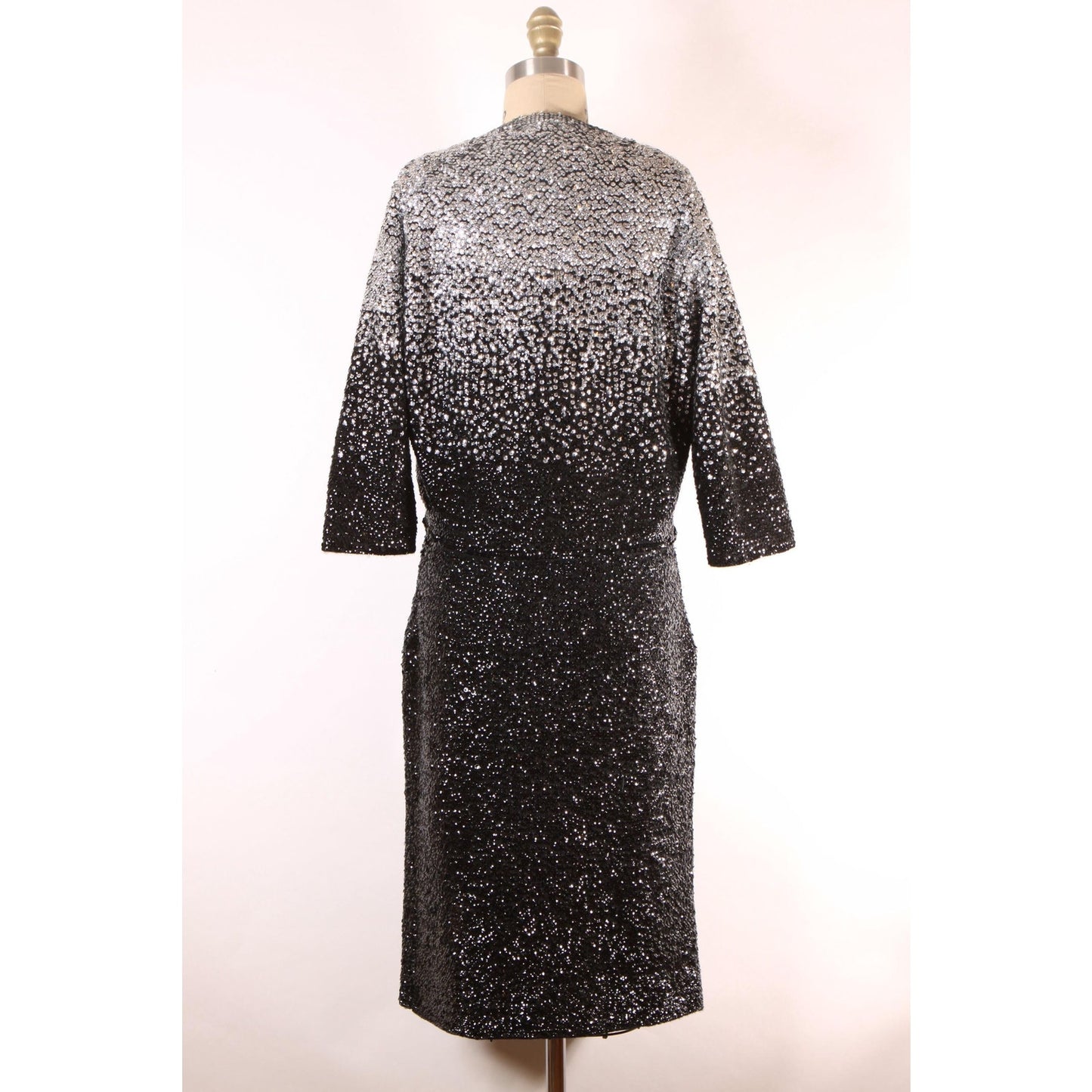 1950s Black and Silver Ombre Fade Metallic Sequin Bombshell Wiggle Dress with Matching Cropped Bolero Jacket by Gene Shelly -M