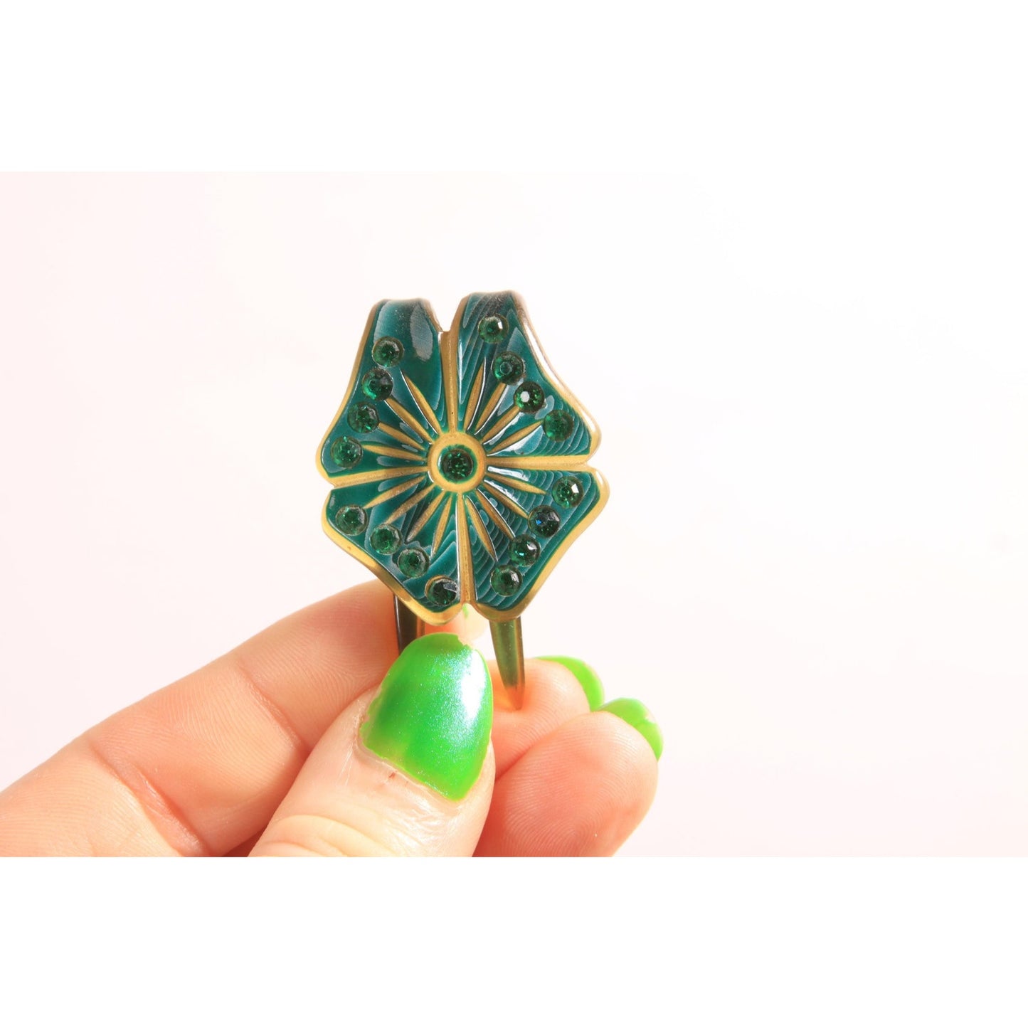 1930s Green Flower Floral Rhinestone Prong Hair Fork Comb