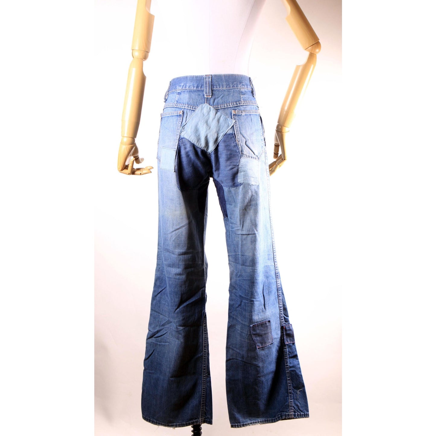 1970s Blue Denim Patchwork Patched Denim Jeans by Montgomery Ward