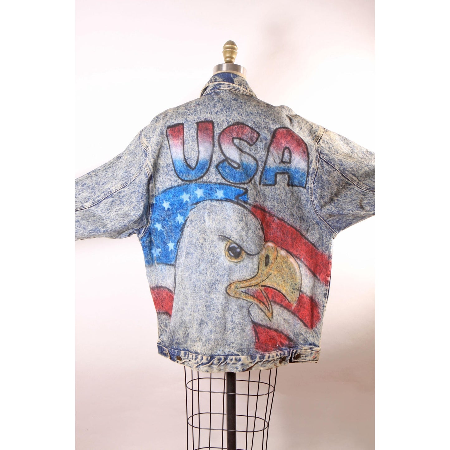 1980s Blue Denim Acid Wash Oversized Airbrush America Bald Eagle USA American Flag Jacket Coat by First Concept -L