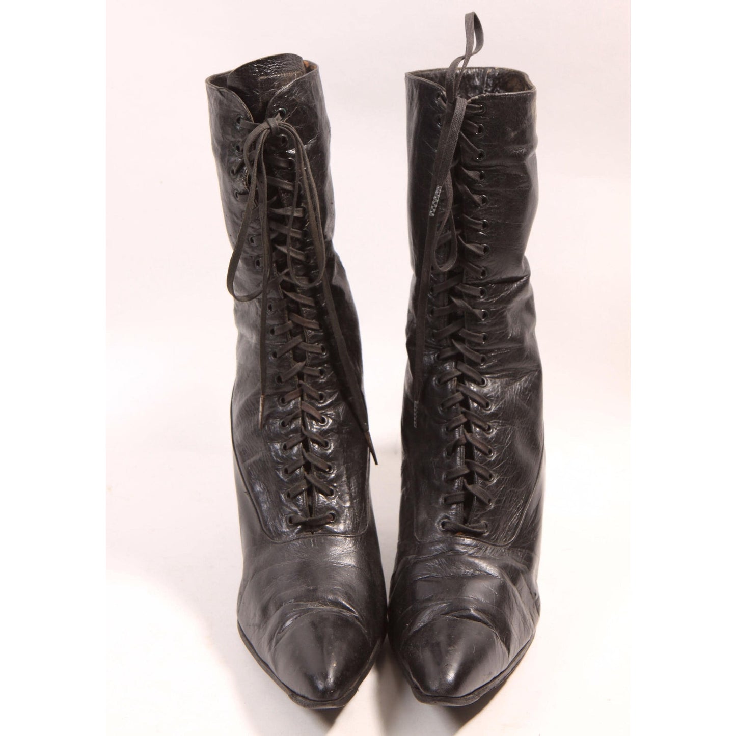 Antique 1800s Victorian Black Leather Lace Up High Heel Boots