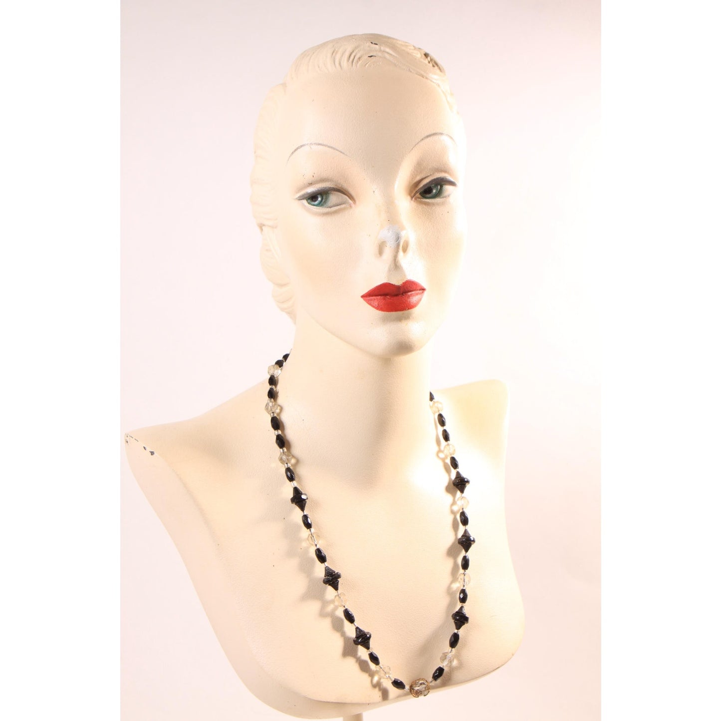 1940s 1950s Black and Clear Glass Faceted Beaded Necklace