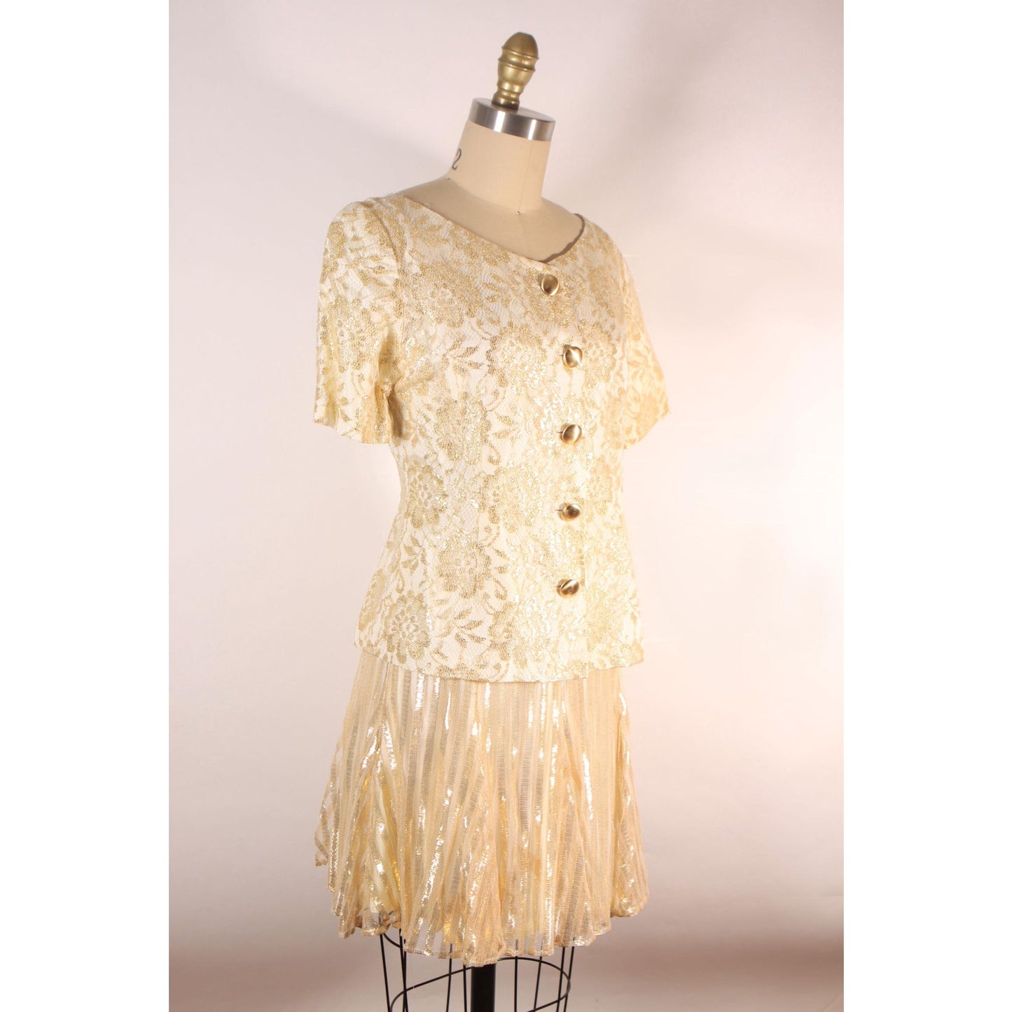 Dead Stock 1980s Gold Metallic Floral Flower Lace Button Down Blouse with Matching Striped Skirt Suit Outfit by Honeybee -XS