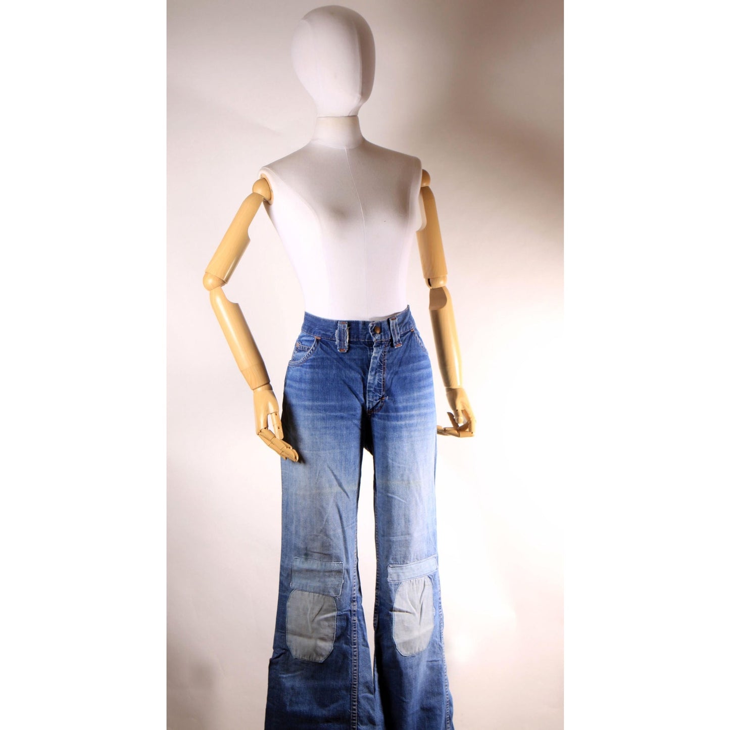 1970s Blue Denim Patchwork Patched Denim Jeans by Montgomery Ward