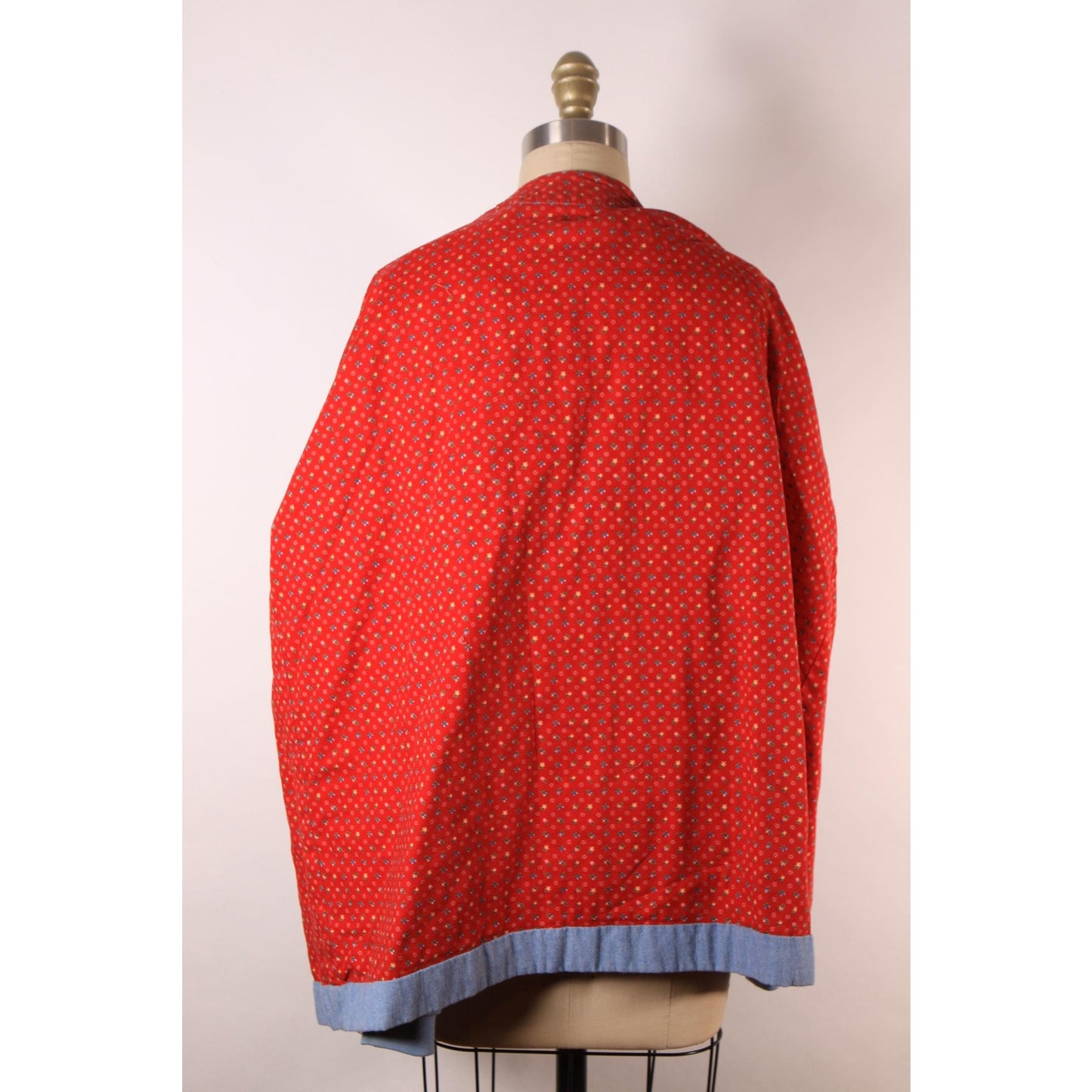 1980s Blue Chambray Multi-Colored Patchwork Quilt Fringe Long Sleeve Open Front Jacket -M-XL