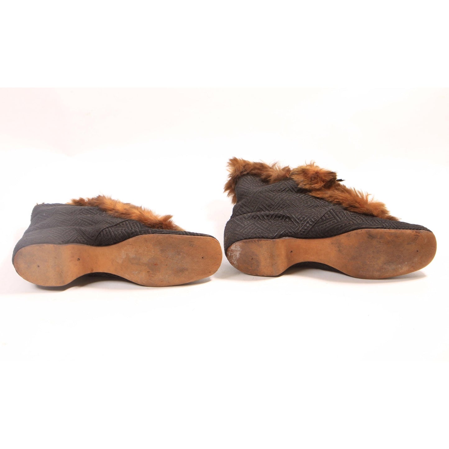 Antique 1800s Victorian Black and Brown Fur Lined and Fur Trim Lace Up Carriage Slipper Boots
