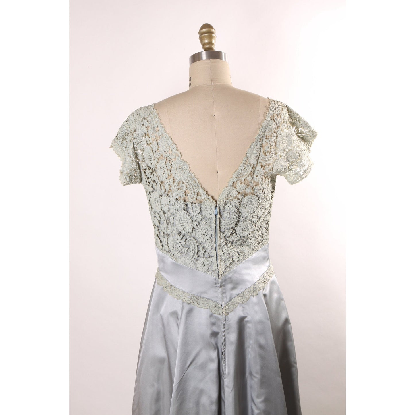 Early 1950s Pale Ice Blue Short Sleeve Sheer Lace Overlay Formal Dress by Montaldo’s -L