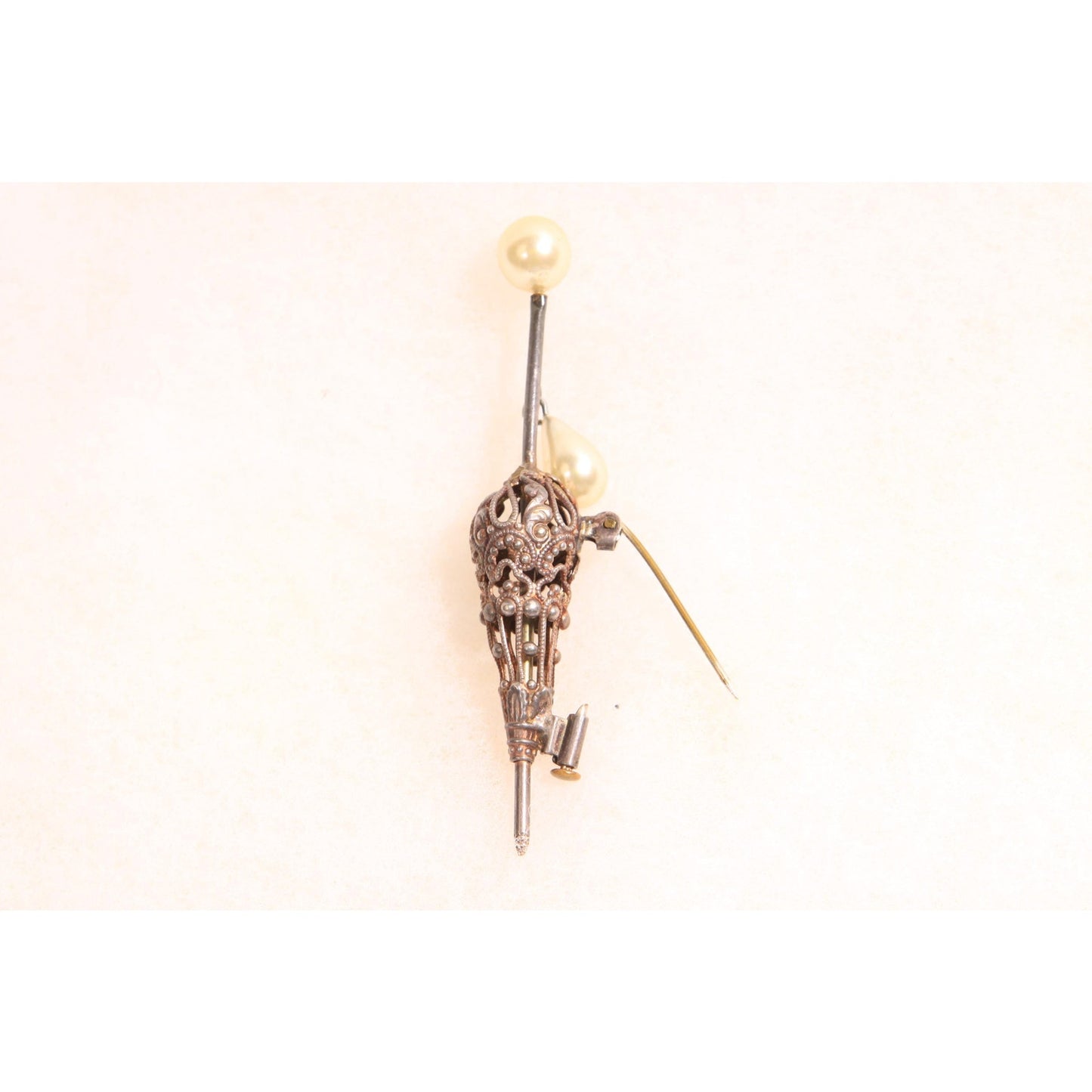 Antique 1920s Novelty Silver Tone Metal Faux Pearl Umbrella Parasol Brooch
