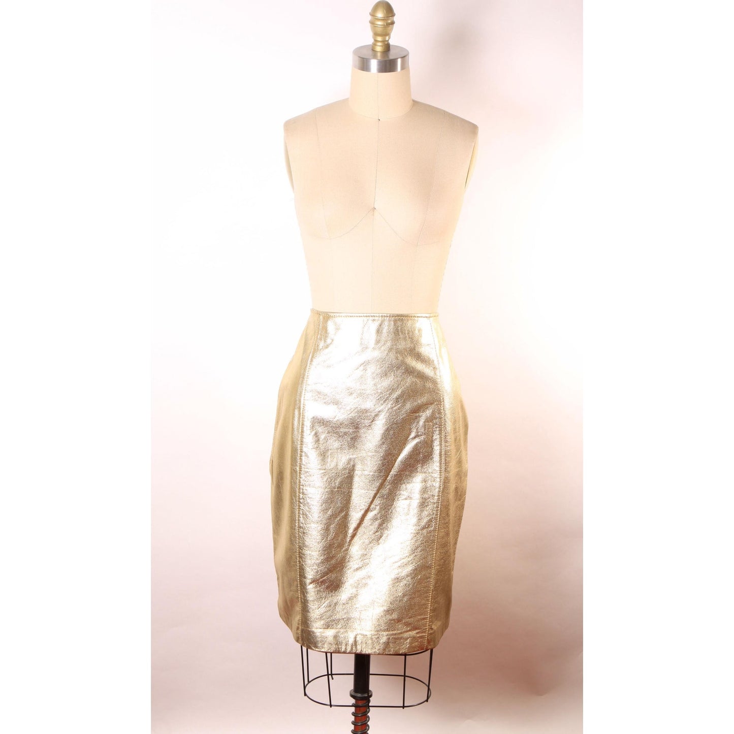 Deadstock 1980s Gold Metallic Leather Pencil Skirt -Size 14