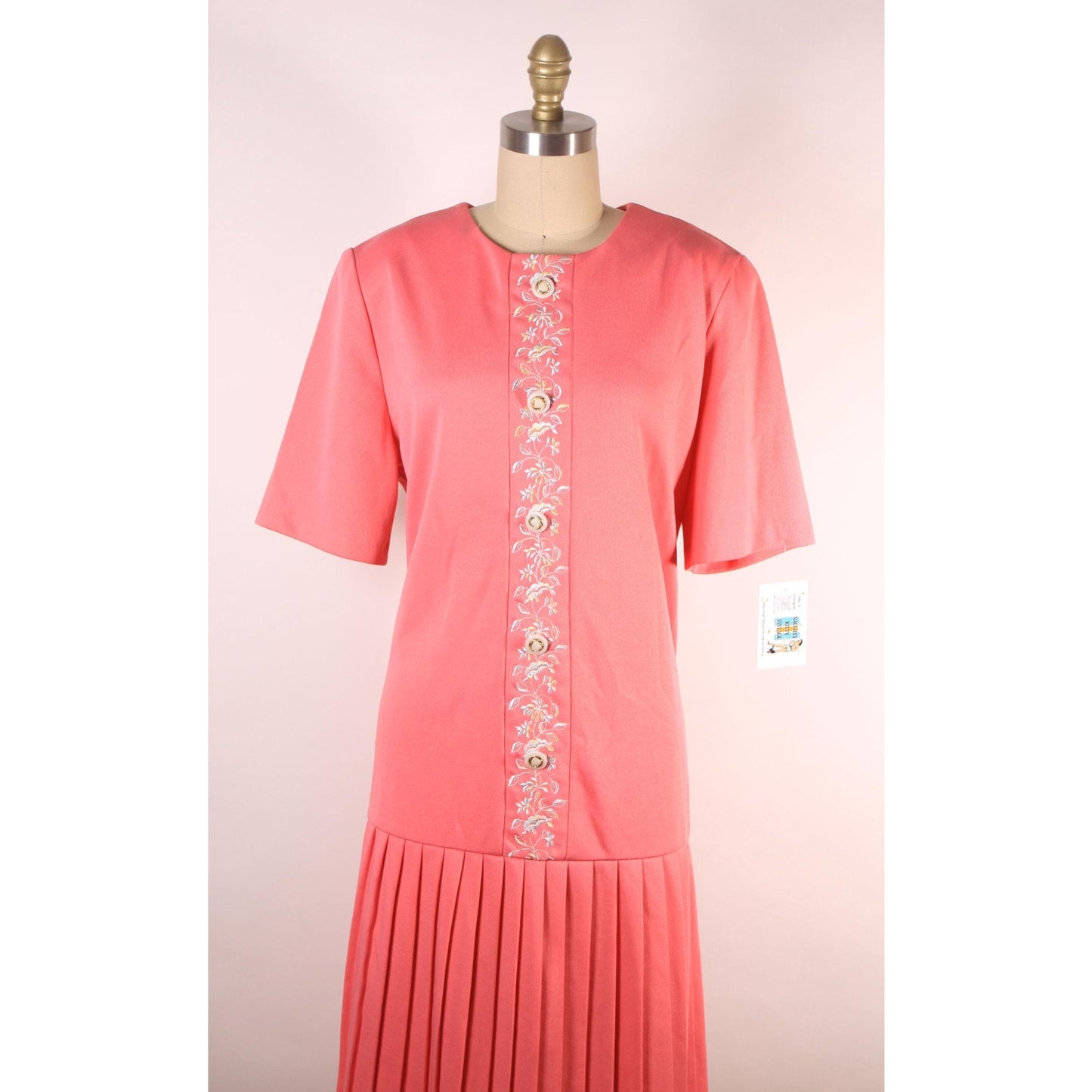 1960s Pink Short Sleeved Floral Trim Drop Waisted Pleated Skirt Plus Size Volup Scooter Dress -XL