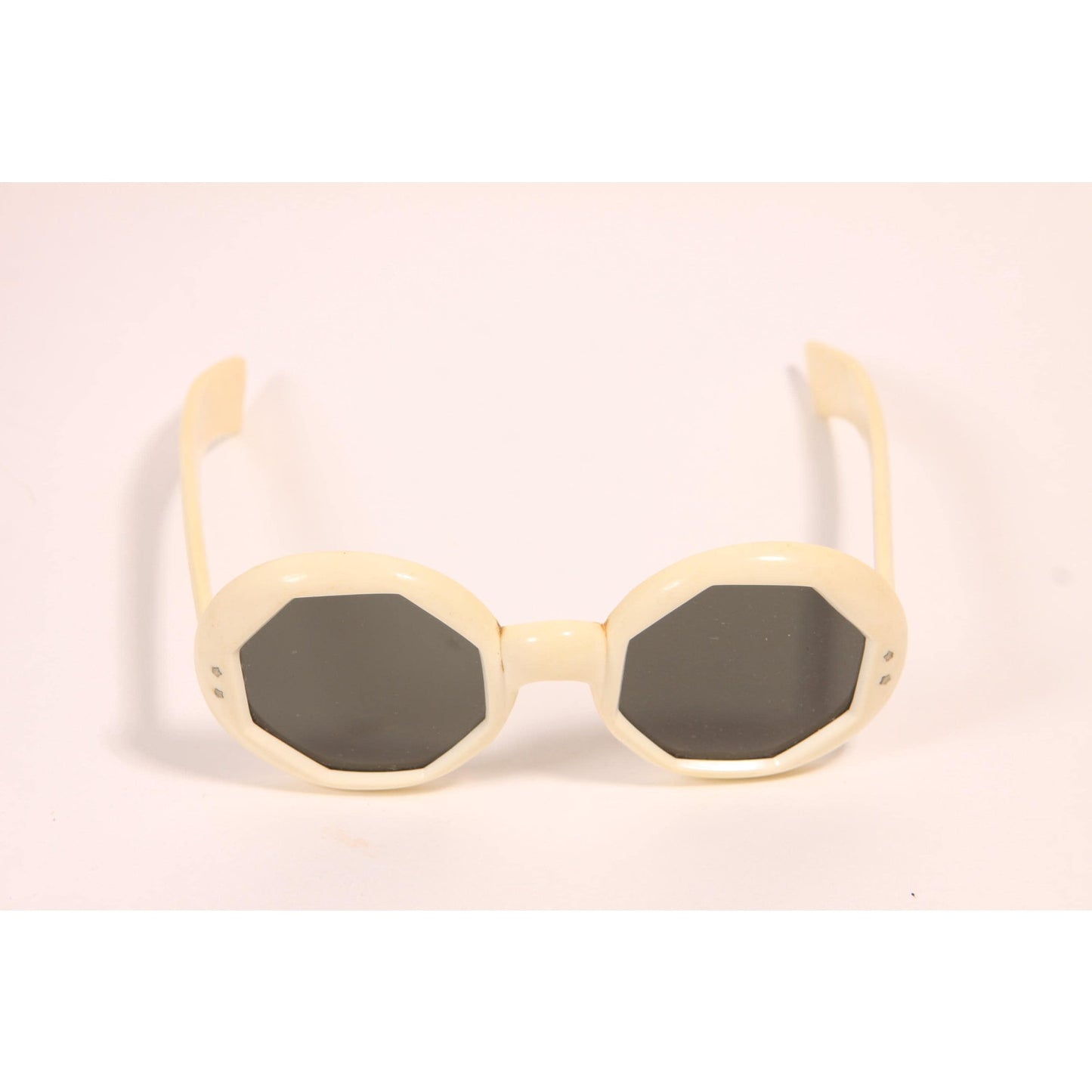 1960s Cream White and Gray Tinted Lenses Octagon Shape Mod Sunglasses Italy